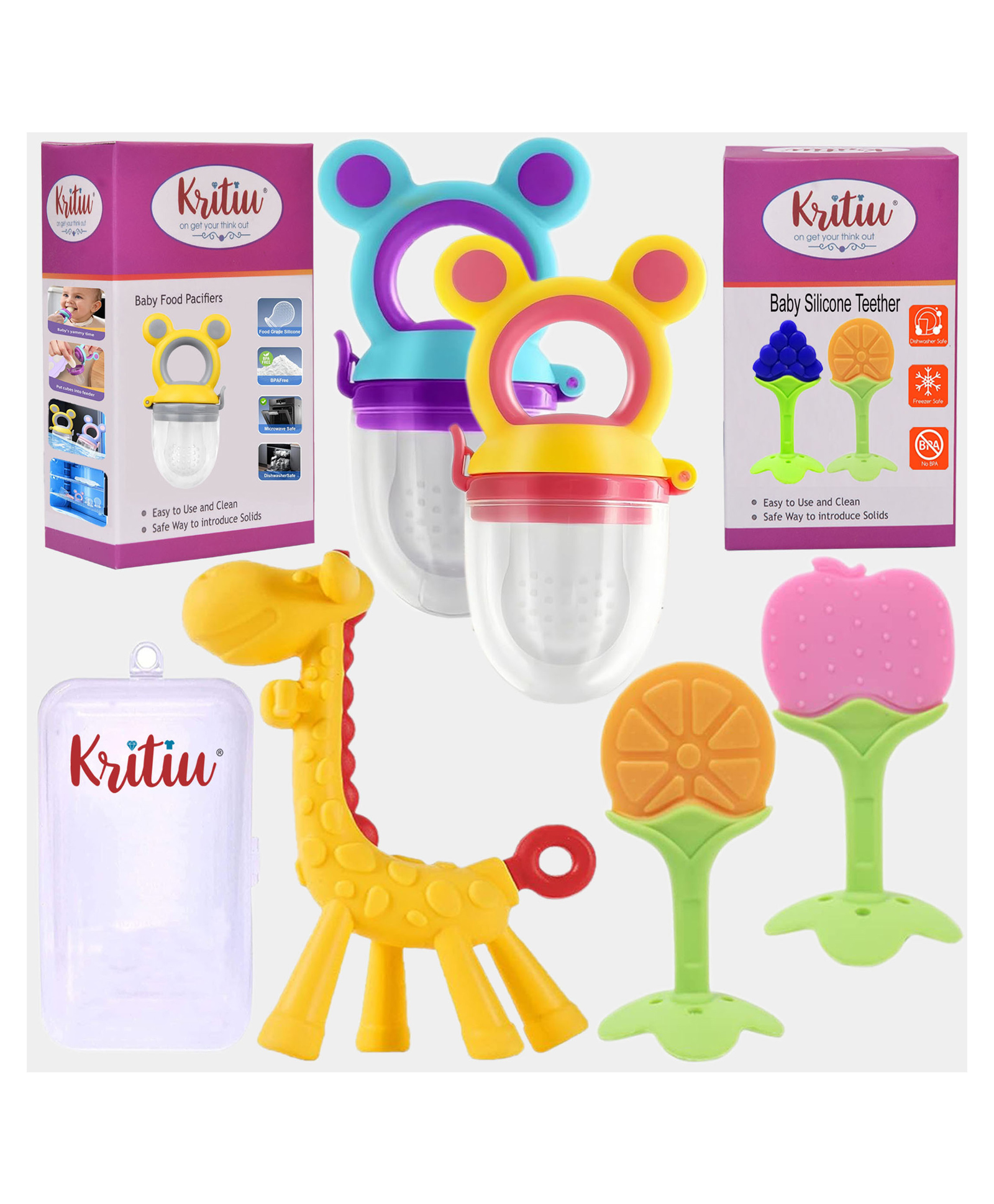Kritiu Baby Silicone Teether Fruit Nibbler & Combo Pack Of 5 Non Toxic BPA Free Teething Toys - Multicolor-picture-4
