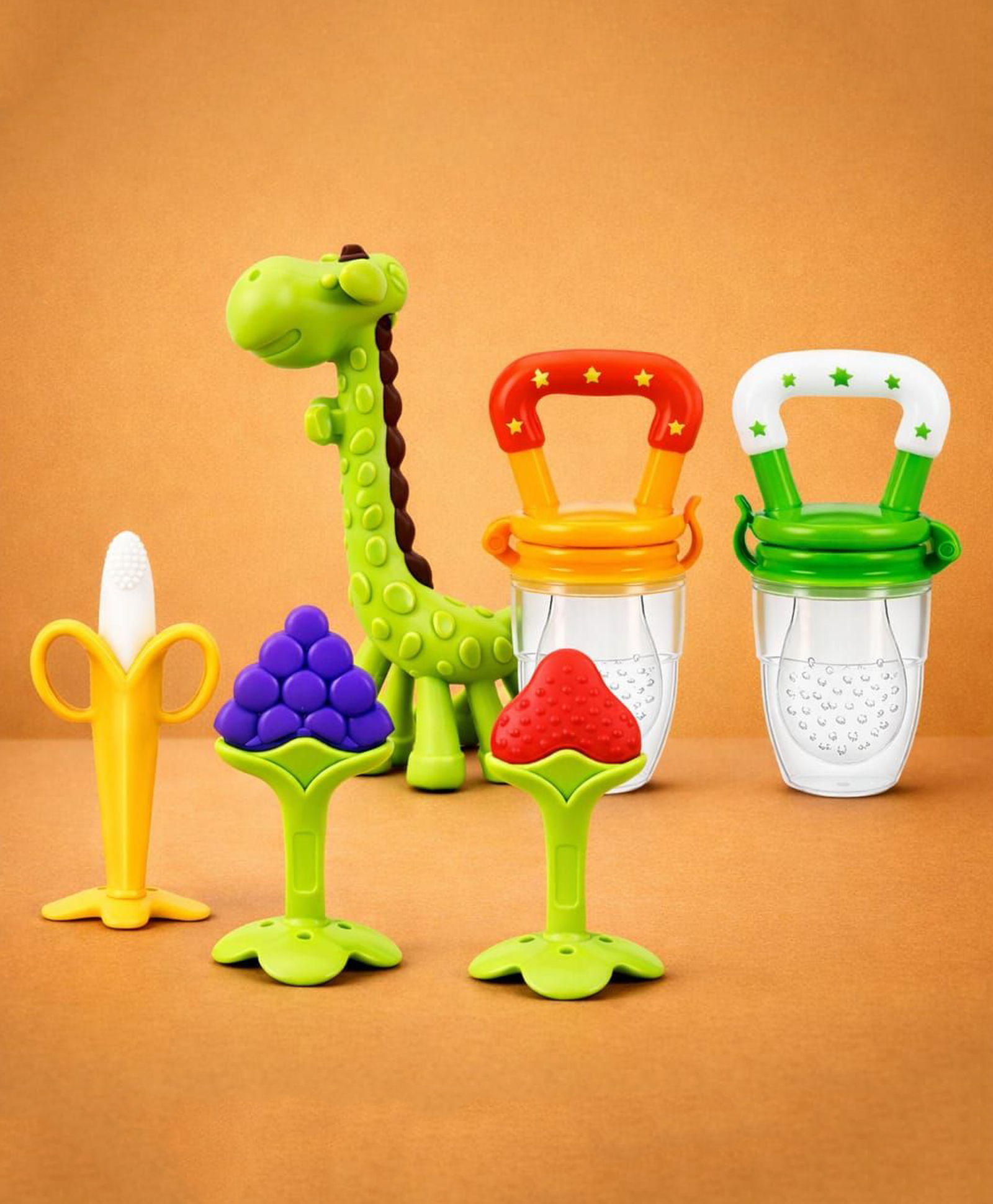 Kritiu Baby Silicone Teether Fruit Nibbler & Toothbrush Combo Pack Of 6 Non Toxic BPA Free Teething Toys - Multicolor-image-43