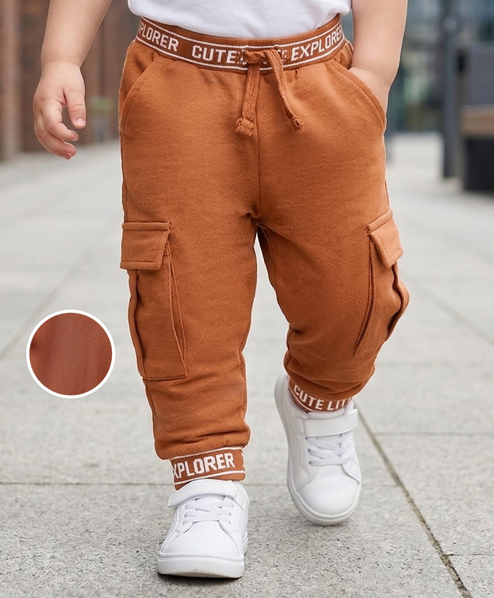 Babyoye 100% Cotton Knit Full Length Text Print Lounge Pants with Cargo Pockets - Brown-picture-38