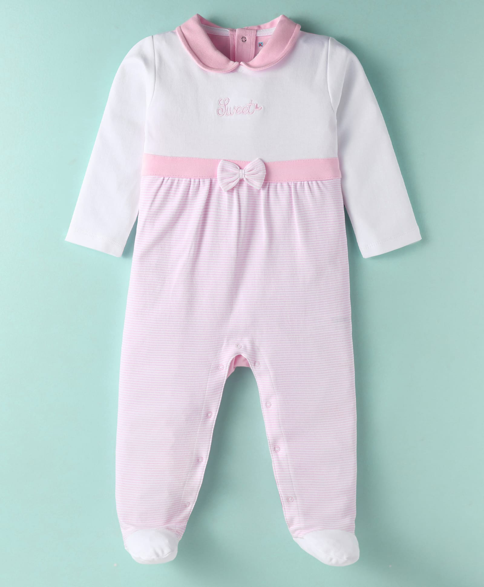 Kookie Kids 100% Cotton Knit Full Sleeves Footed Striped Sleep Suit With Bow Applique - Pink & White-image-19