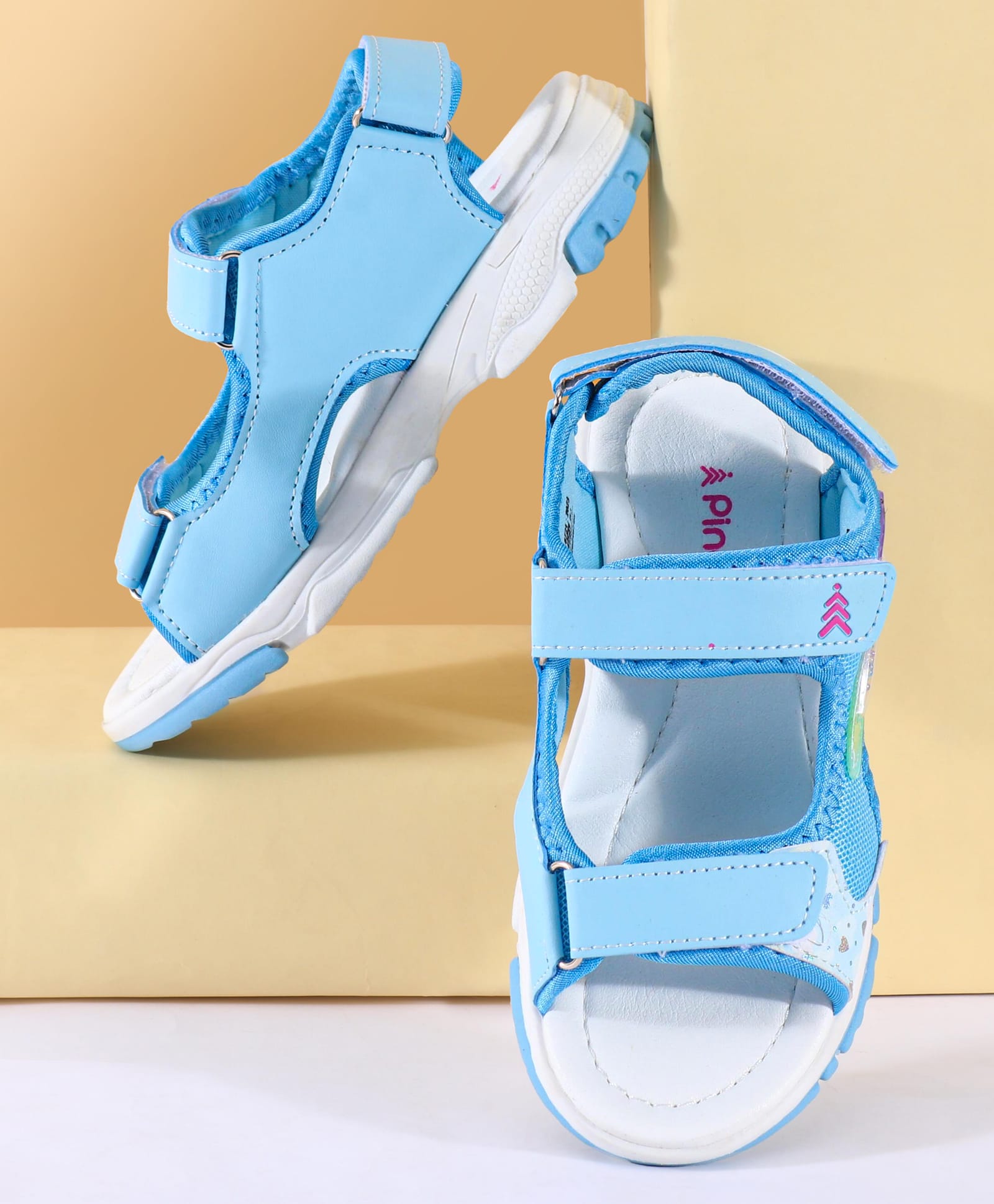 Pine Kids Sandals with Velcro Closure Glitter Heart & Butterfly Print-Light Blue-image-40