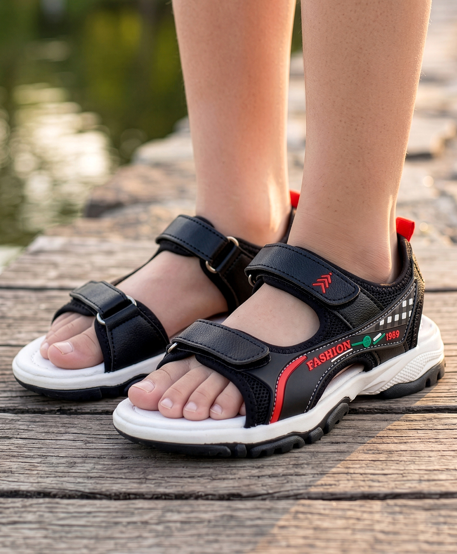 Pine Kids Sandals with Velcro Closure & Text Print - Black-picture-22