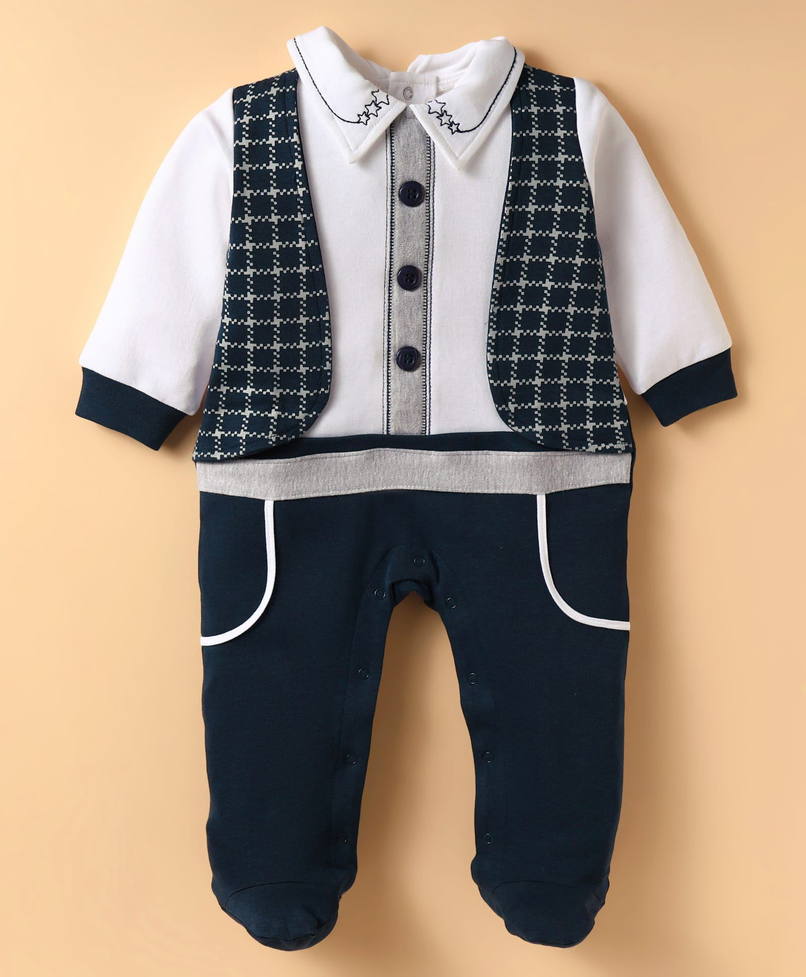 kookie kids india Kookie Kids 100% Cotton Knit Full Sleeves Footed Party Romper With Attached Waistcoat - White & Navy Blue-picture-21