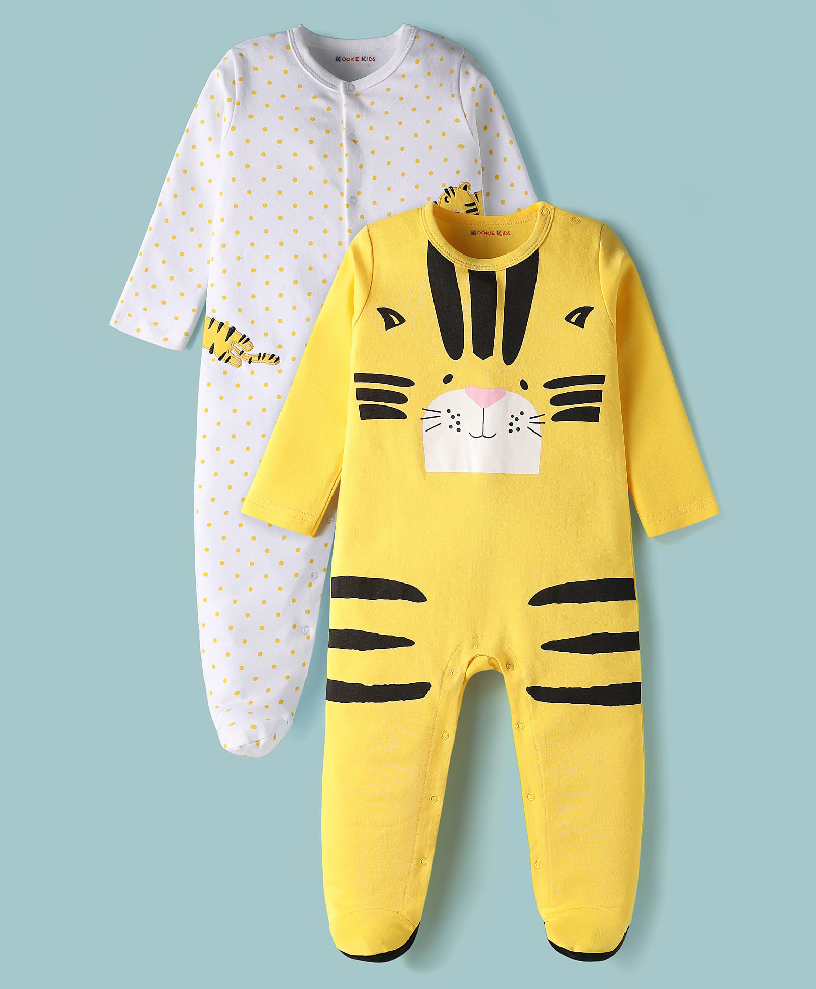 Kookie Kids 100% Cotton Knit Full Sleeves Polka Dot & Tiger Printed Footed Sleep Suits Pack of 2 - Yellow & White-image-15
