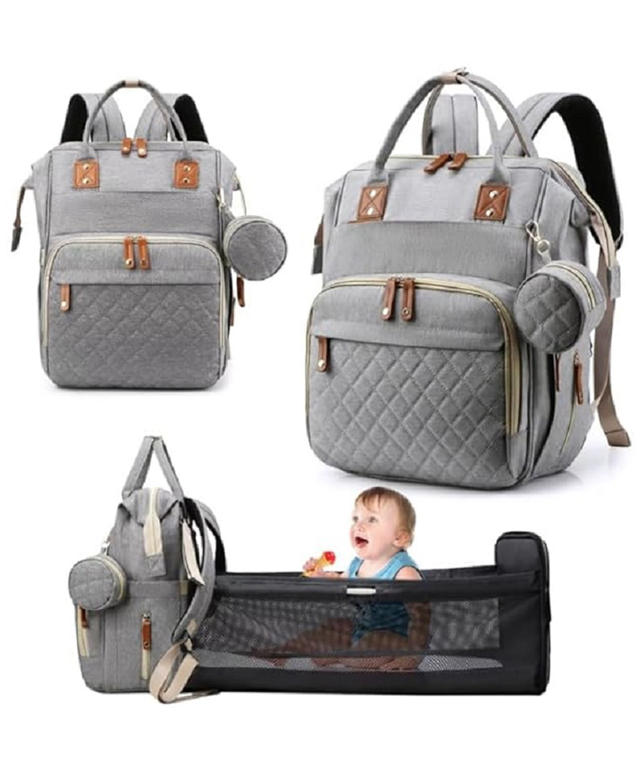 Winnies Diaper Bag With Changing Station | Mummy Bag With Bassinet | Bed Changing Backpack-Grey-picture-14