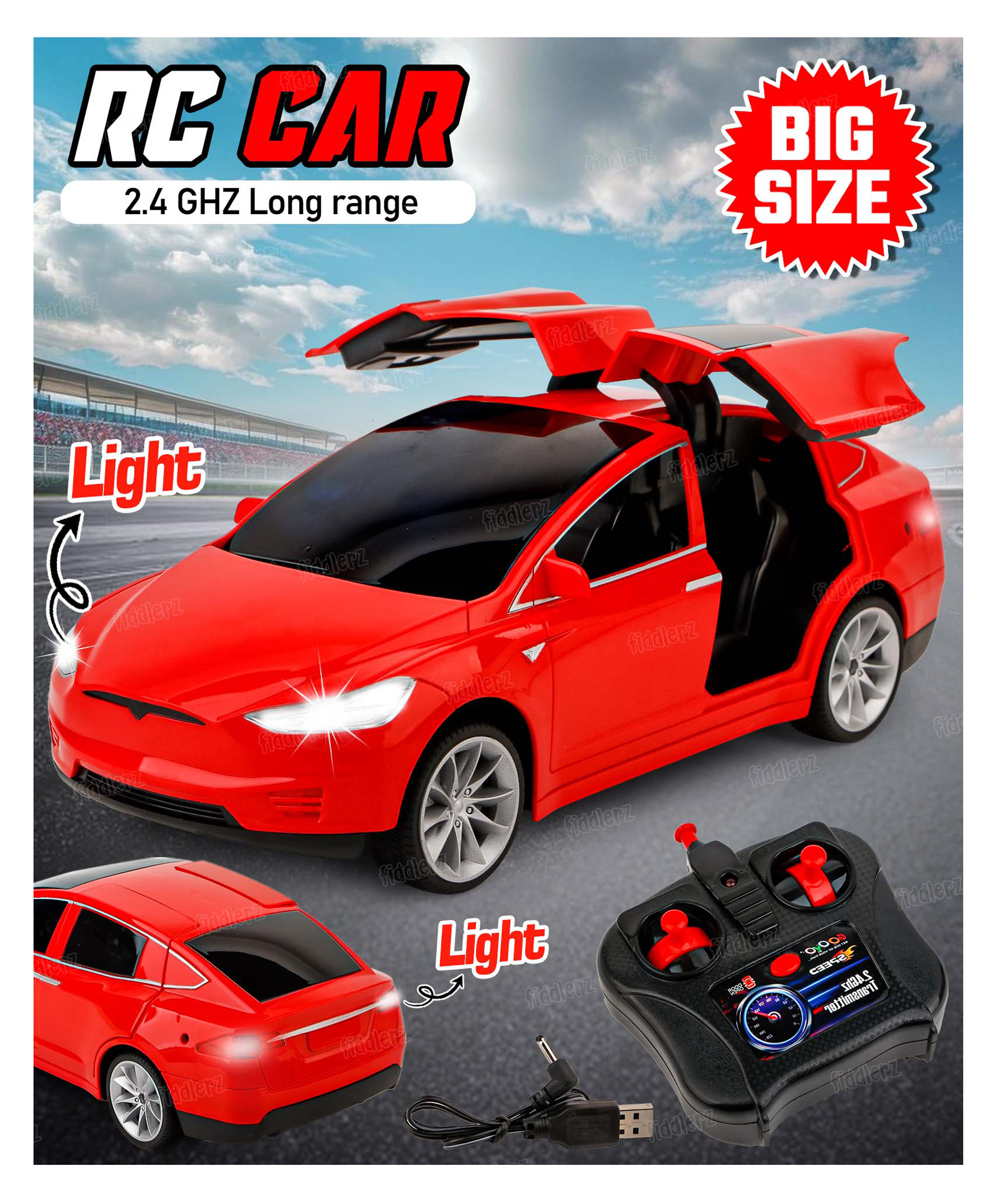 Fiddlerz Remote Control Car for Kids Big Size Electric Toy Car with Opening Doors Front and Rear Lights USB Charging Cable High Speed Racing Car Toys for Kids Aged 3 +-image-3