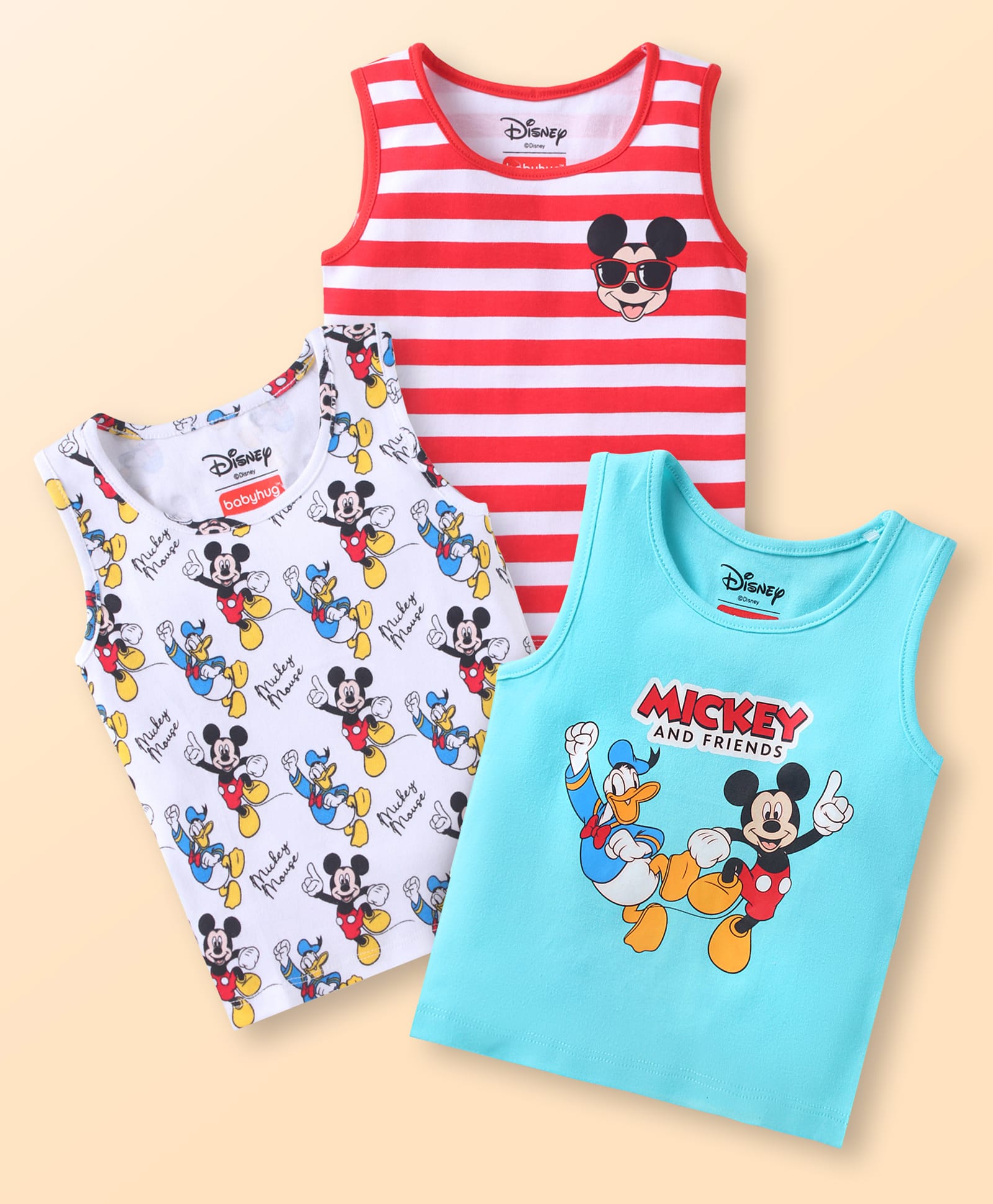 Babyhug Disney Single Jersey Knit Sleeveless Vests With Mickey Mouse Graphics Pack of 3 - Aqua Blue Red & White-image-37