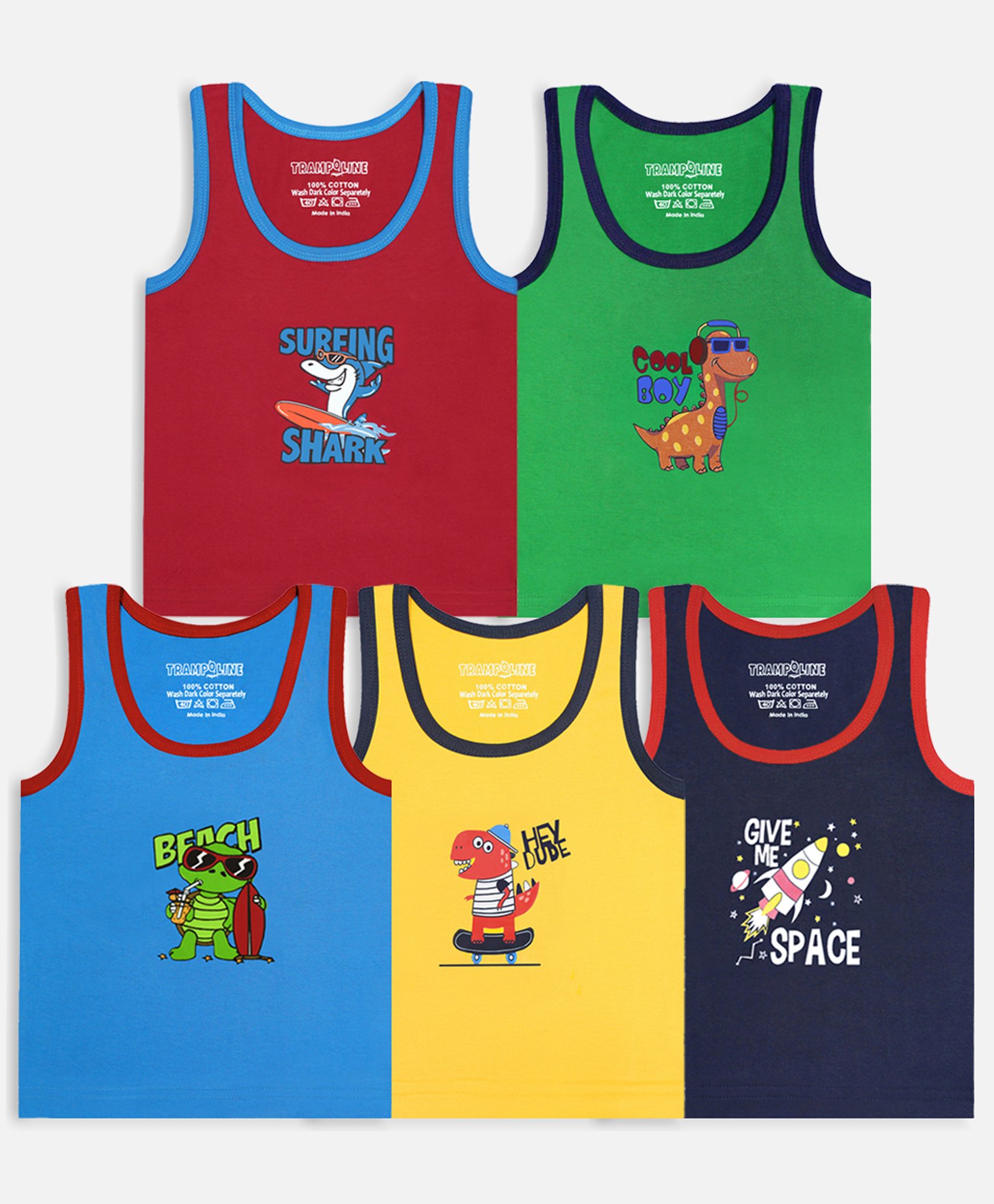 Trampoline Cotton Pack of 5 Sleeveless Space Theme & Animals Printed Vests - Multi Colour-image-15