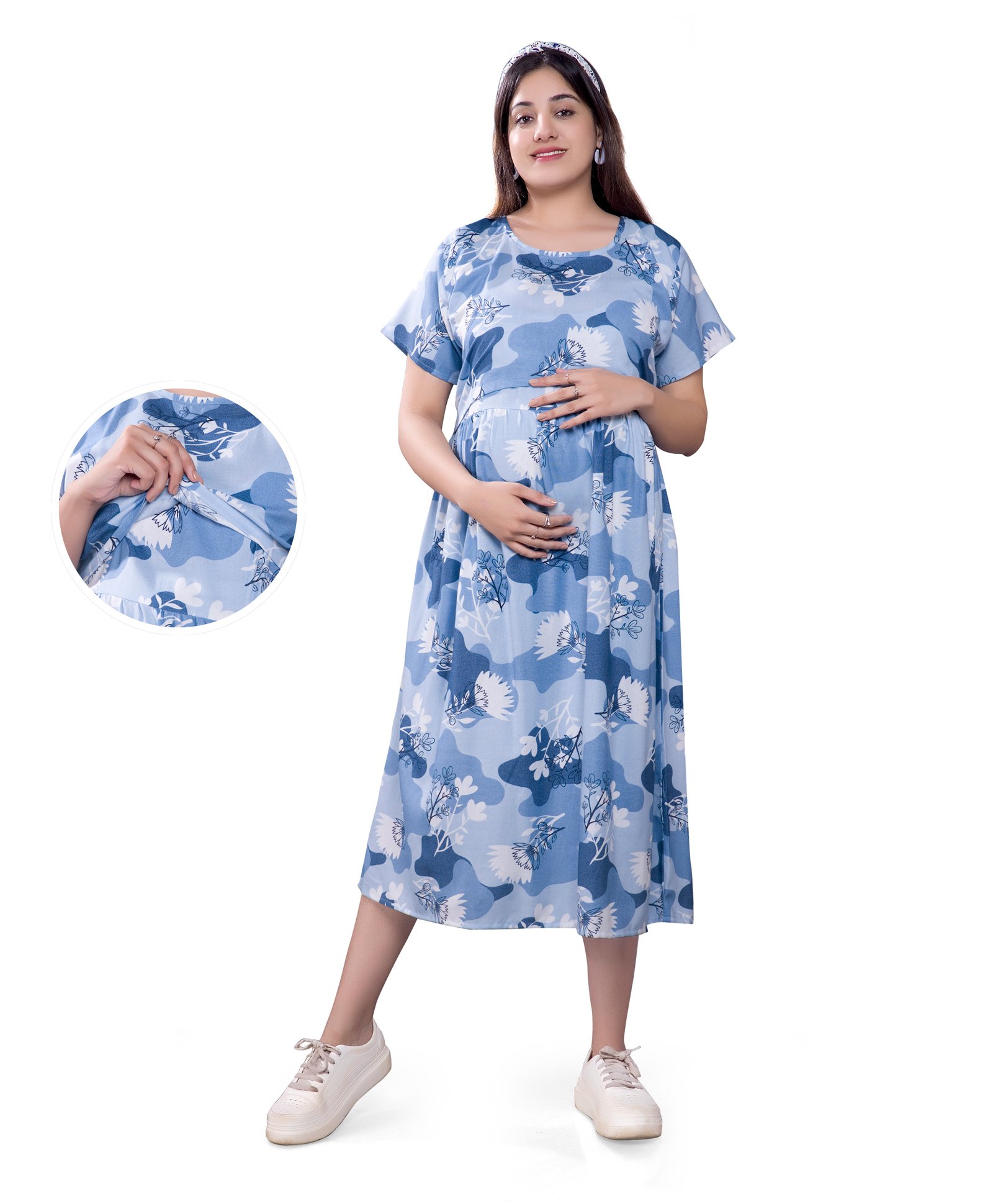 Mamma's Maternity Rayon Short Sleeves Floral & Campflauge Printed Maternity Dress With Nursing Access - Sky Blue-picture-26