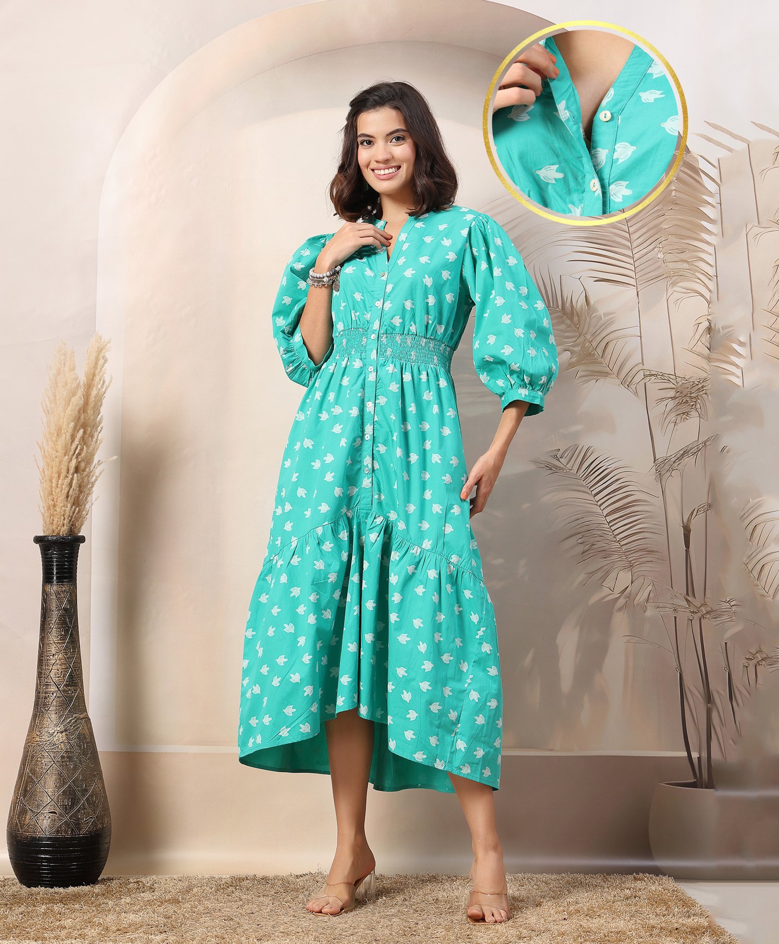 Zelena 100% Rayon Three Fourth Sleeves Bird Printed Maternity Zipless Feeding Dress With Nursing Access - Light Green-image-5