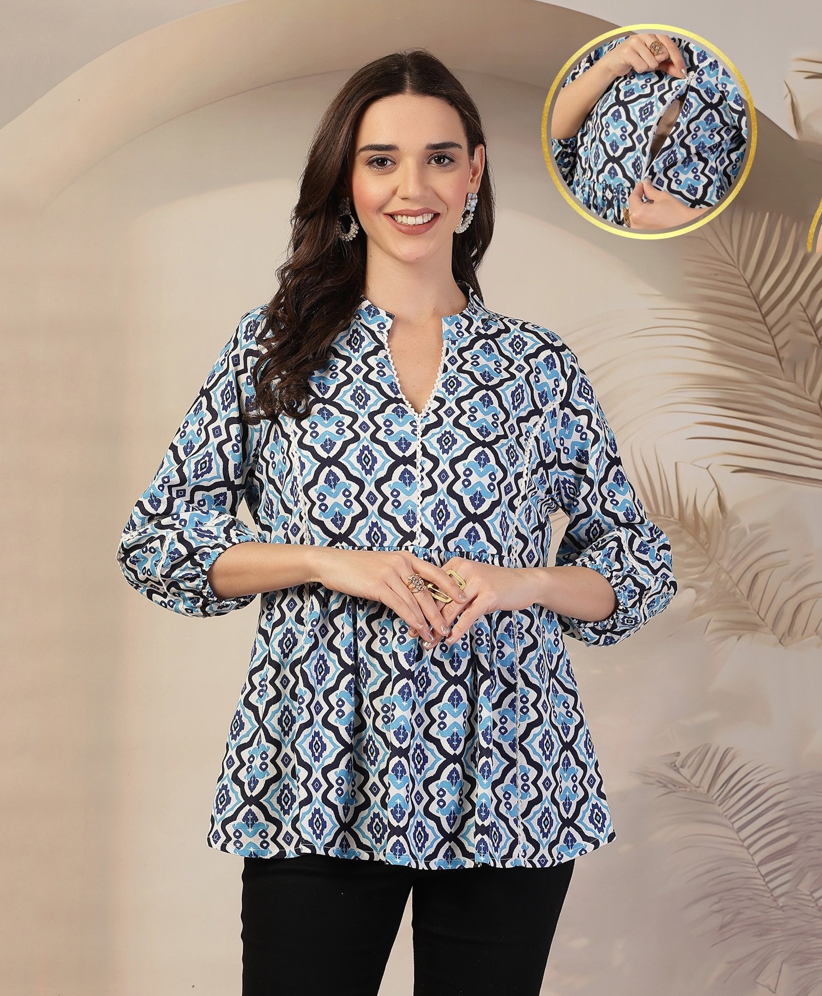 Zelena 100% Rayon Three Fourth Sleeves Geometric Printed Maternity Feeding Top With Zip Nursing Access - Blue-picture-13