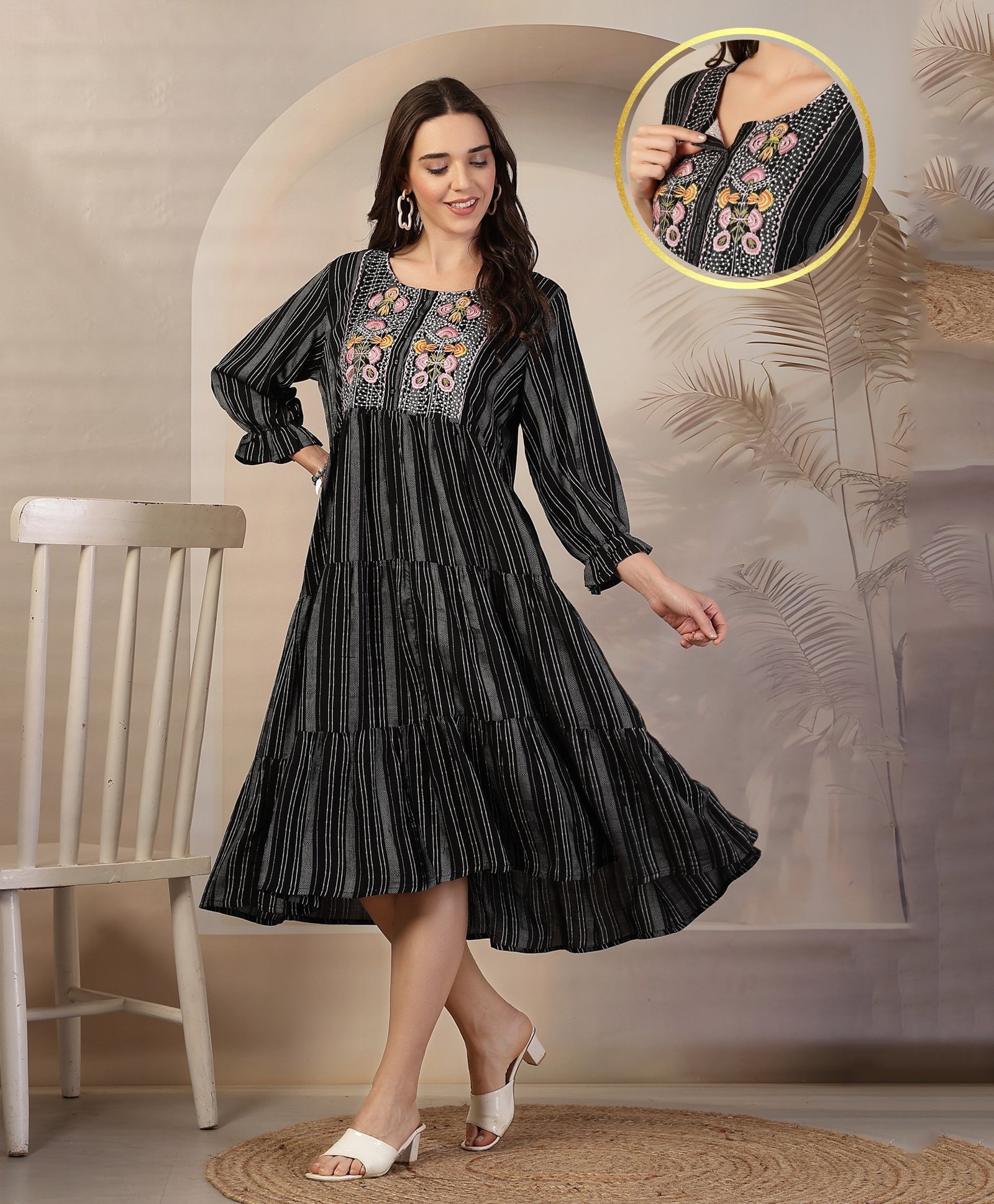 Zelena 100% Rayon Three Fourth Sleeves Stripes Printed Maternity Zipless Feeding Dress With Nursing Access & Pockets - Black-picture-45