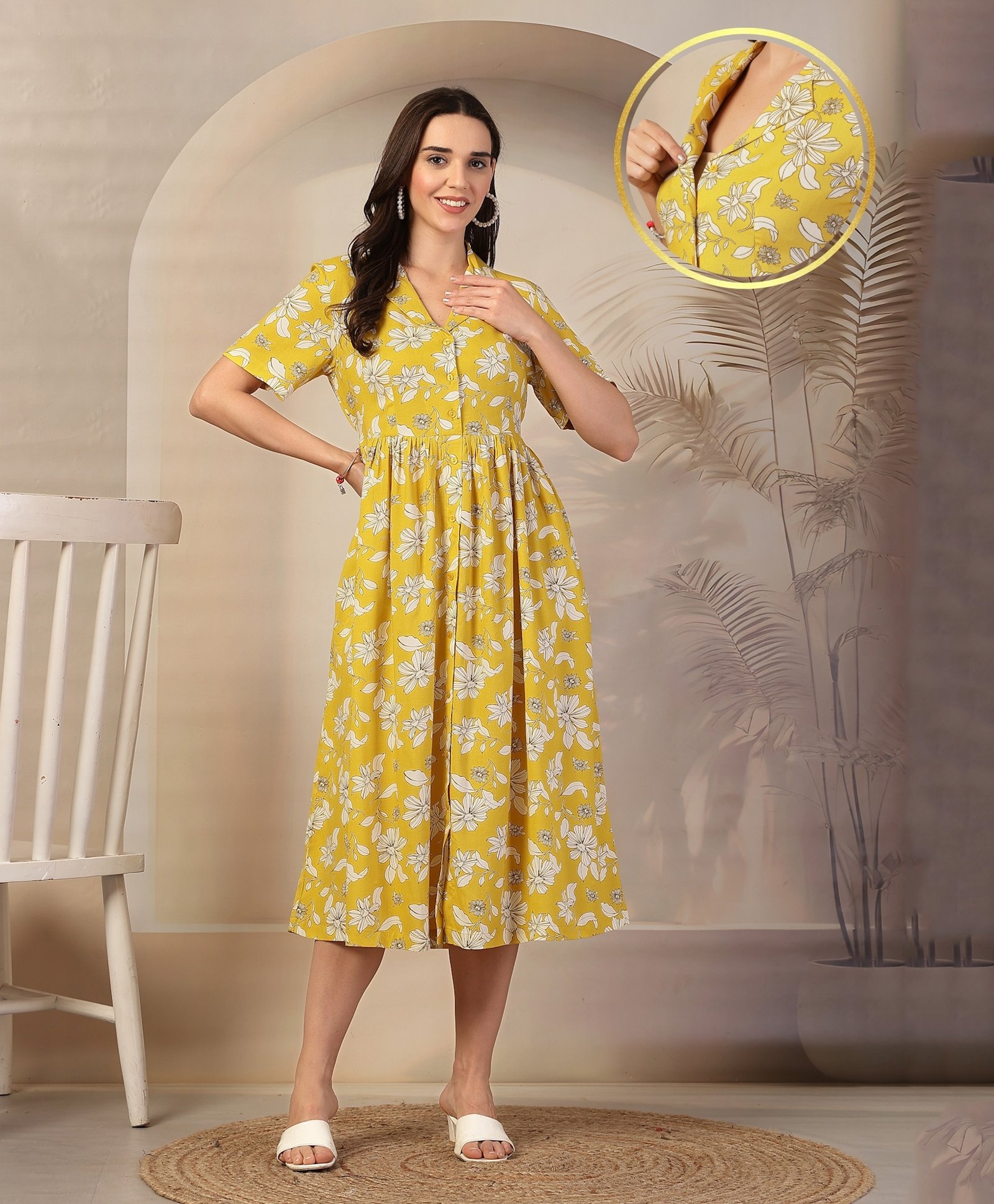 Zelena 100% Rayon Half Sleeves Floral Printed Maternity Zipless Feeding Dress With Nursing Access & Pockets - Yellow-image-26