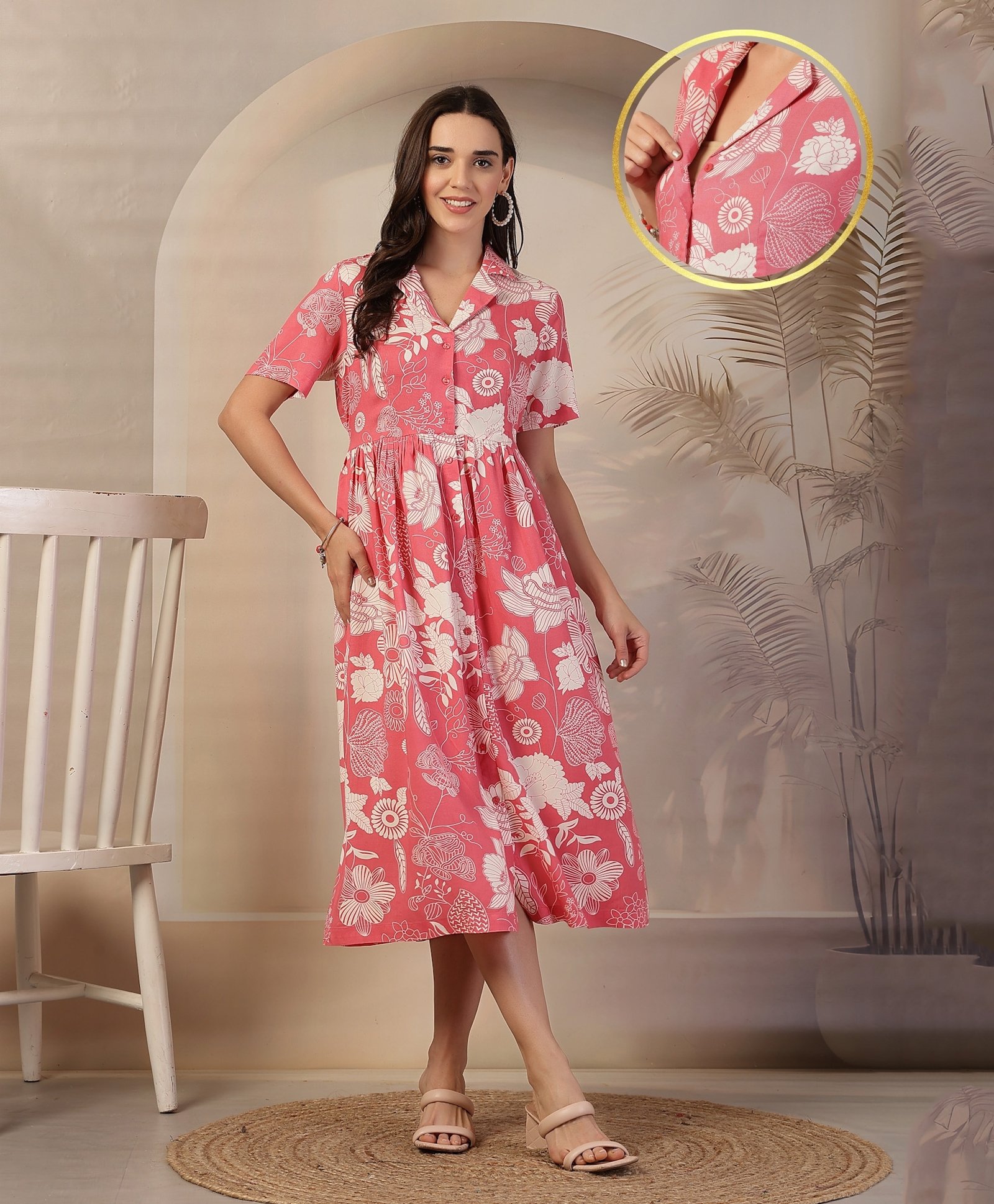 Zelena 100% Rayon Half Sleeves Floral Printed Maternity Zipless Feeding Dress With Nursing Access & Pockets - Pink-picture-14
