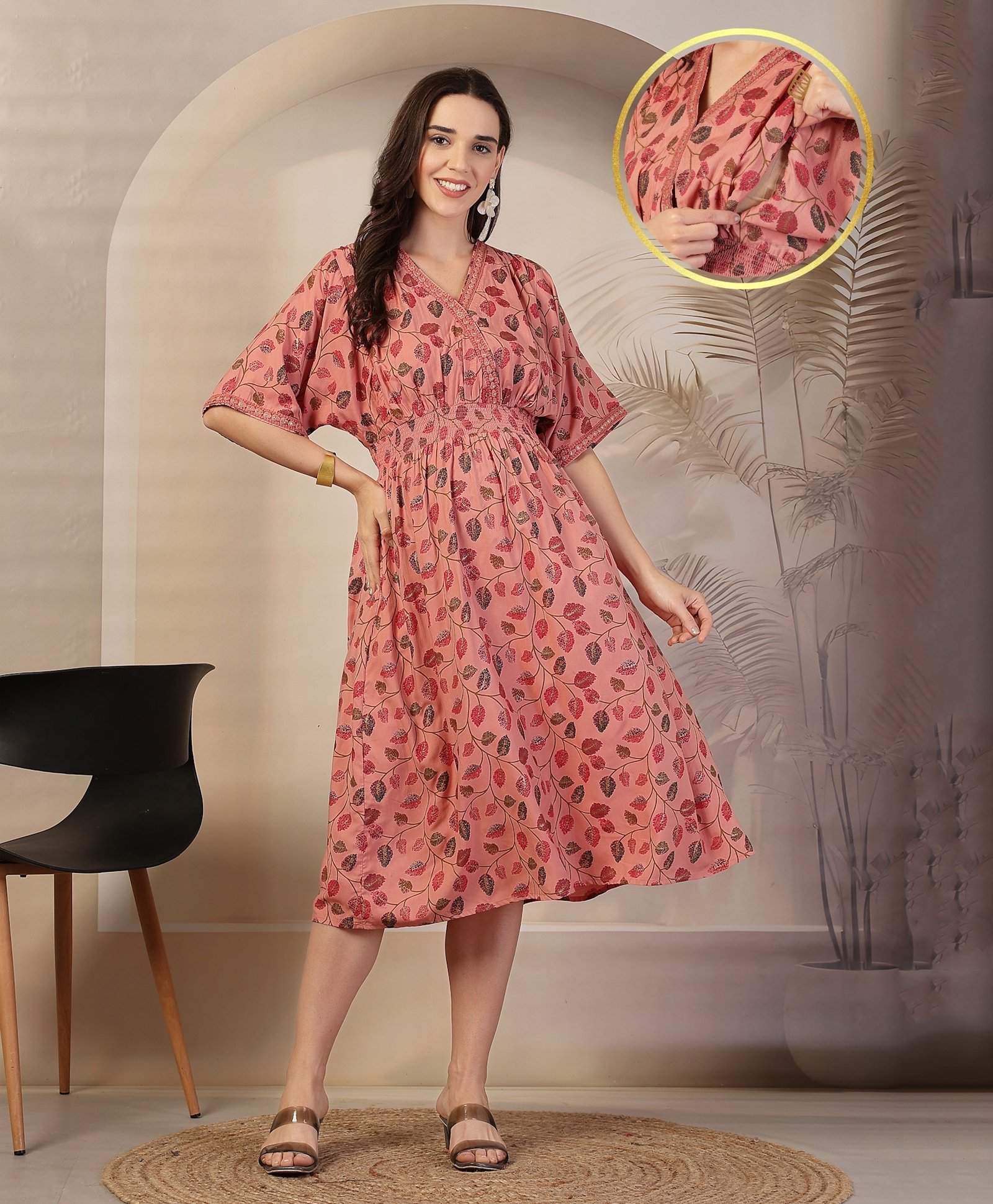 Zelena 100% Rayon Half Sleeves Leaf Printed Maternity Feeding Dress With Zip Nursing Access & Pockets - Peach-image-29