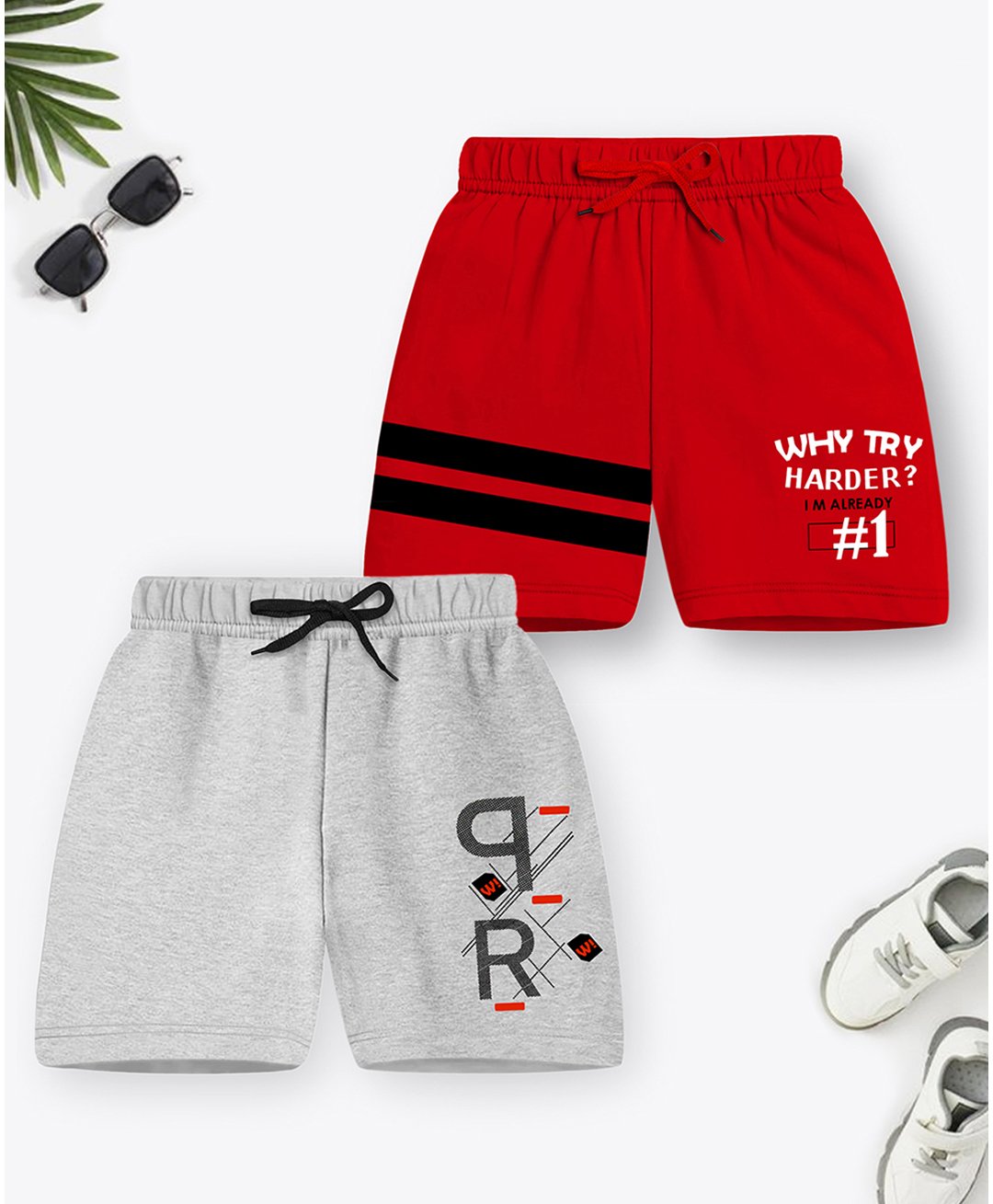 Trampoline Cotton Blend Pack Of 2 Typography Printed Shorts - Red & Grey-image-29