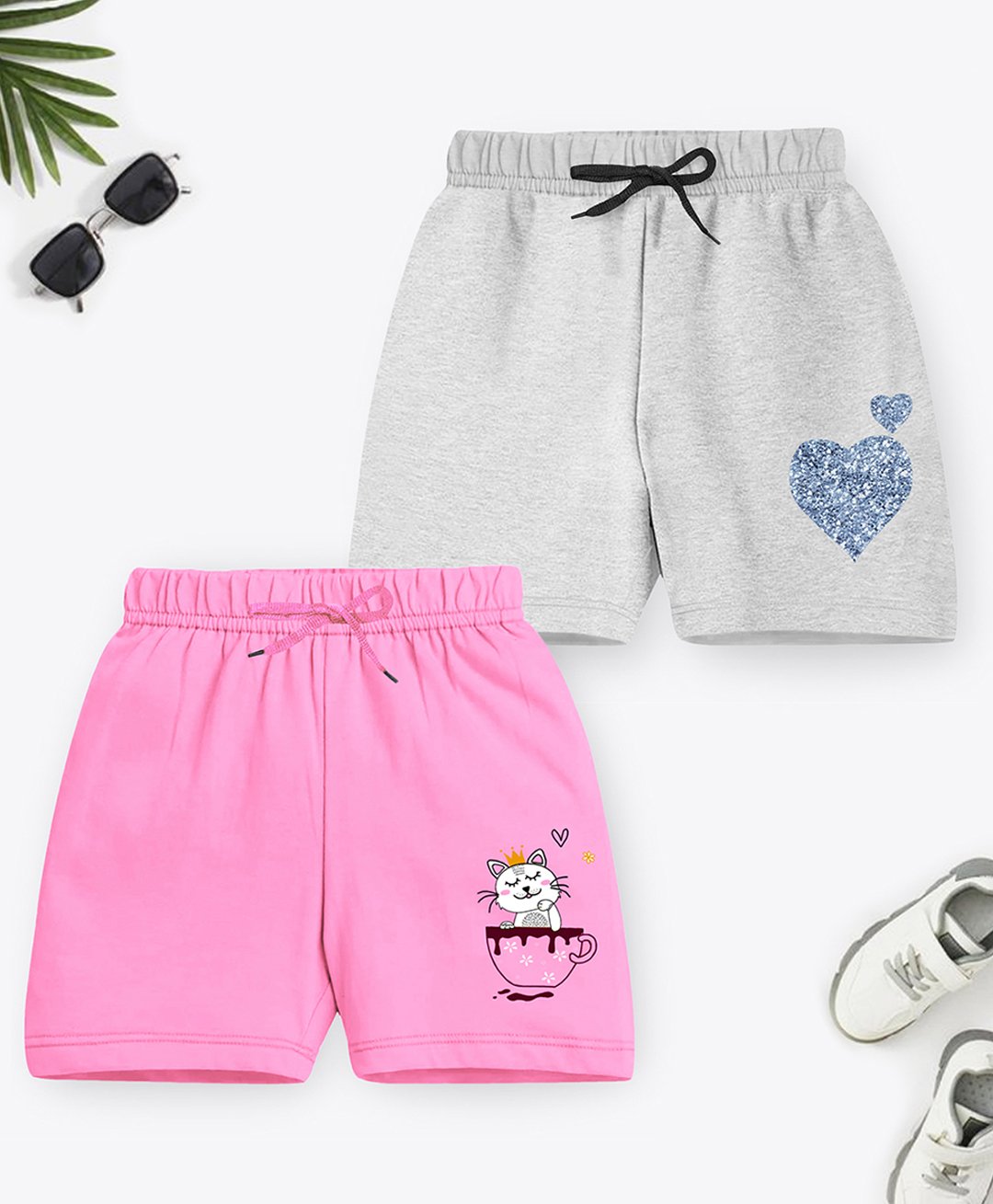 Trampoline Cotton Blend Pack Of 2 Hearts & Cat Printed Shorts - Grey & Pink-picture-19