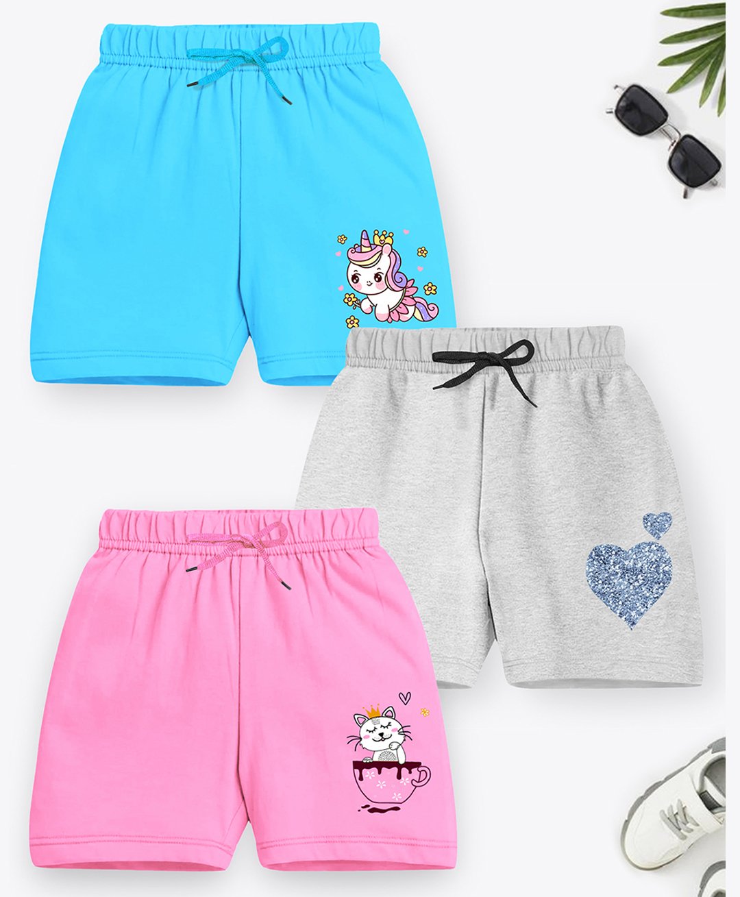 Trampoline Cotton Blend Pack Of 3 Unicorn & Hearts Printed Shorts - Sky Blue Grey & Pink-picture-30