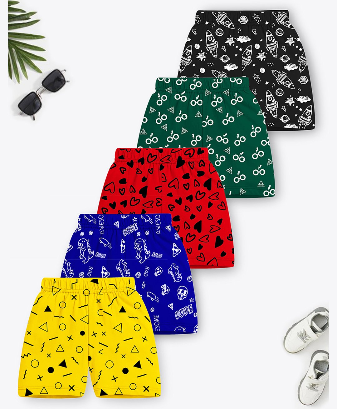Trampoline Cotton Blend Pack Of 5 Dinosaur & Hearts Printed Shorts - Multi Colour-picture-17