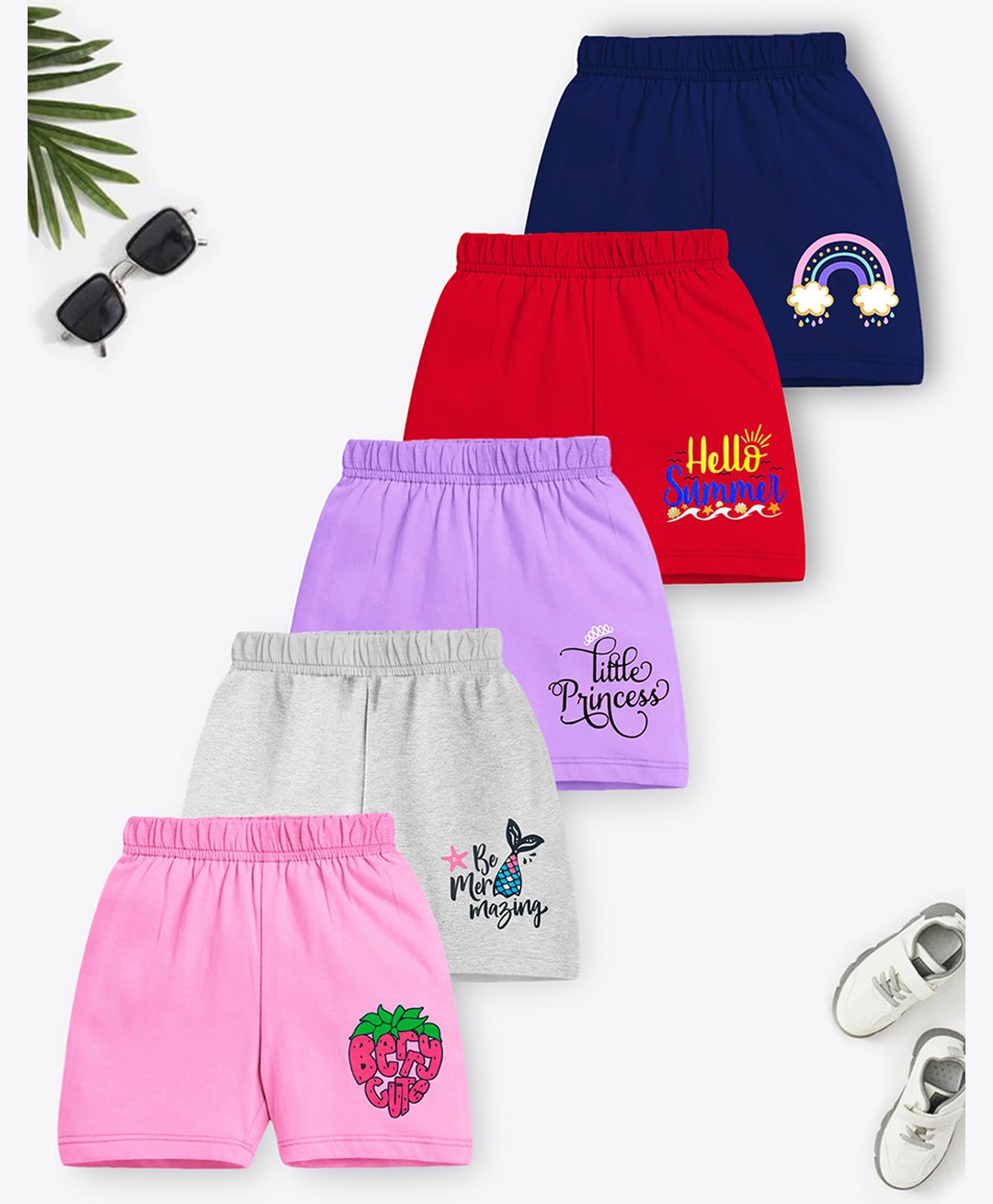 Trampoline Cotton Blend Pack Of 5 Rainbow & Little Princess Text Printed Shorts - Multi Colour-picture-35