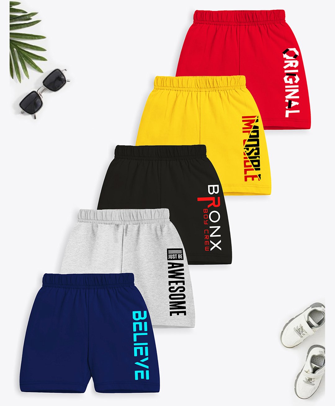 Trampoline Cotton Blend Pack Of 5 Original & Believe Text Printed Shorts - Multi Colour-picture-25