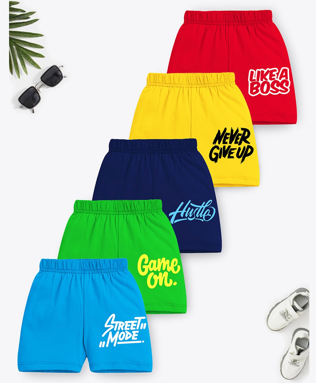 Trampoline Cotton Blend Pack Of 5 Never Give Up & Game On Printed Shorts - Multi Colour-picture-14
