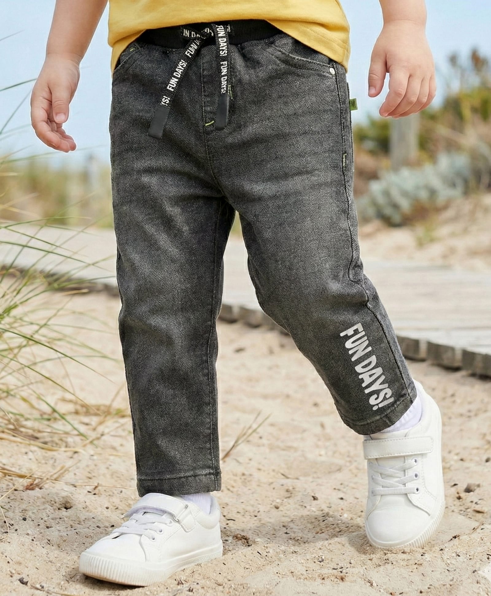 Babyhug Denim Full Length Washed Jeans With Stretch & Text Print - Black-picture-34