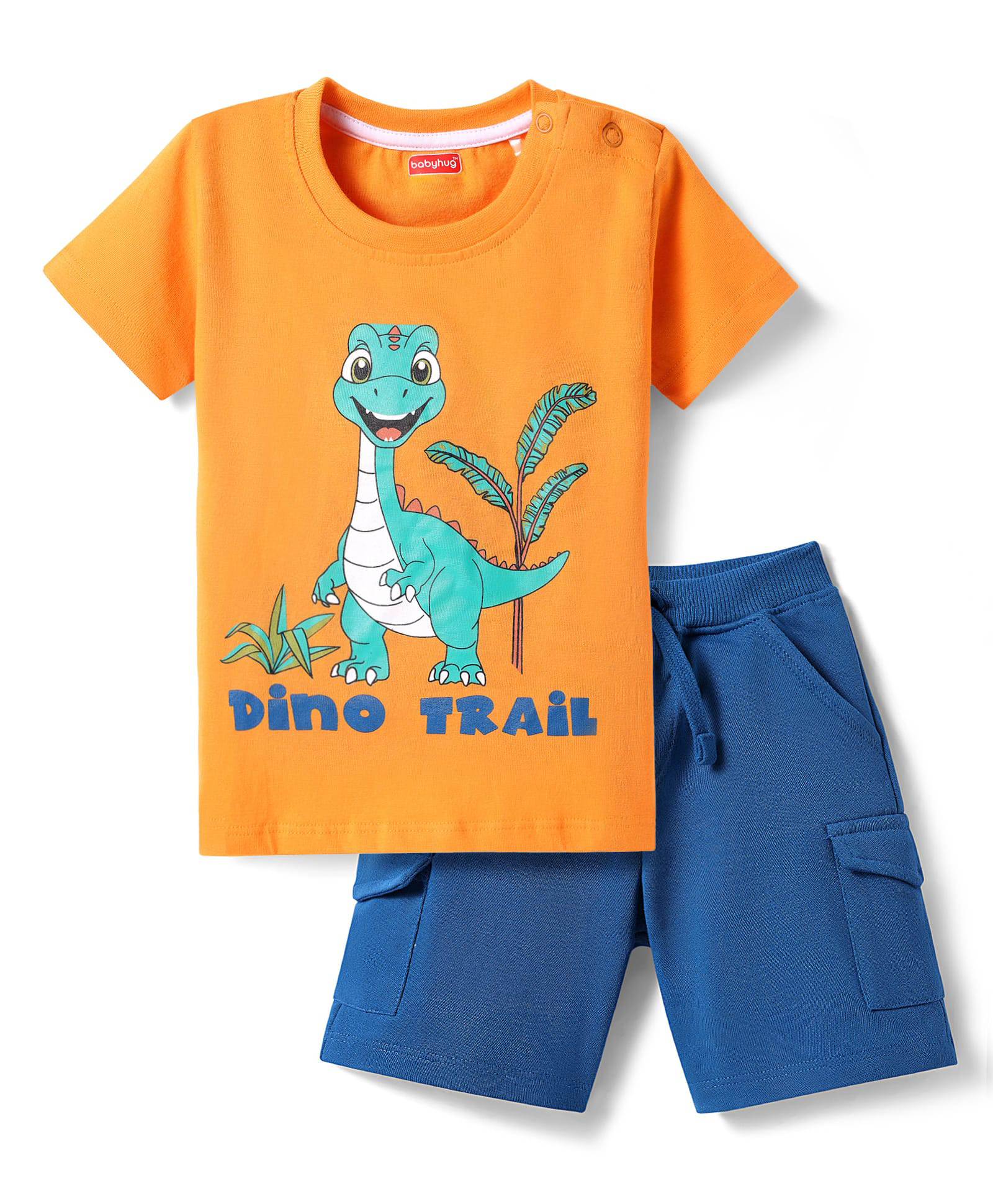 Babyhug Single Jersey Knit Half Sleeves T-Shirt & Shorts with Dino Print - Orange & Navy Blue-picture-14