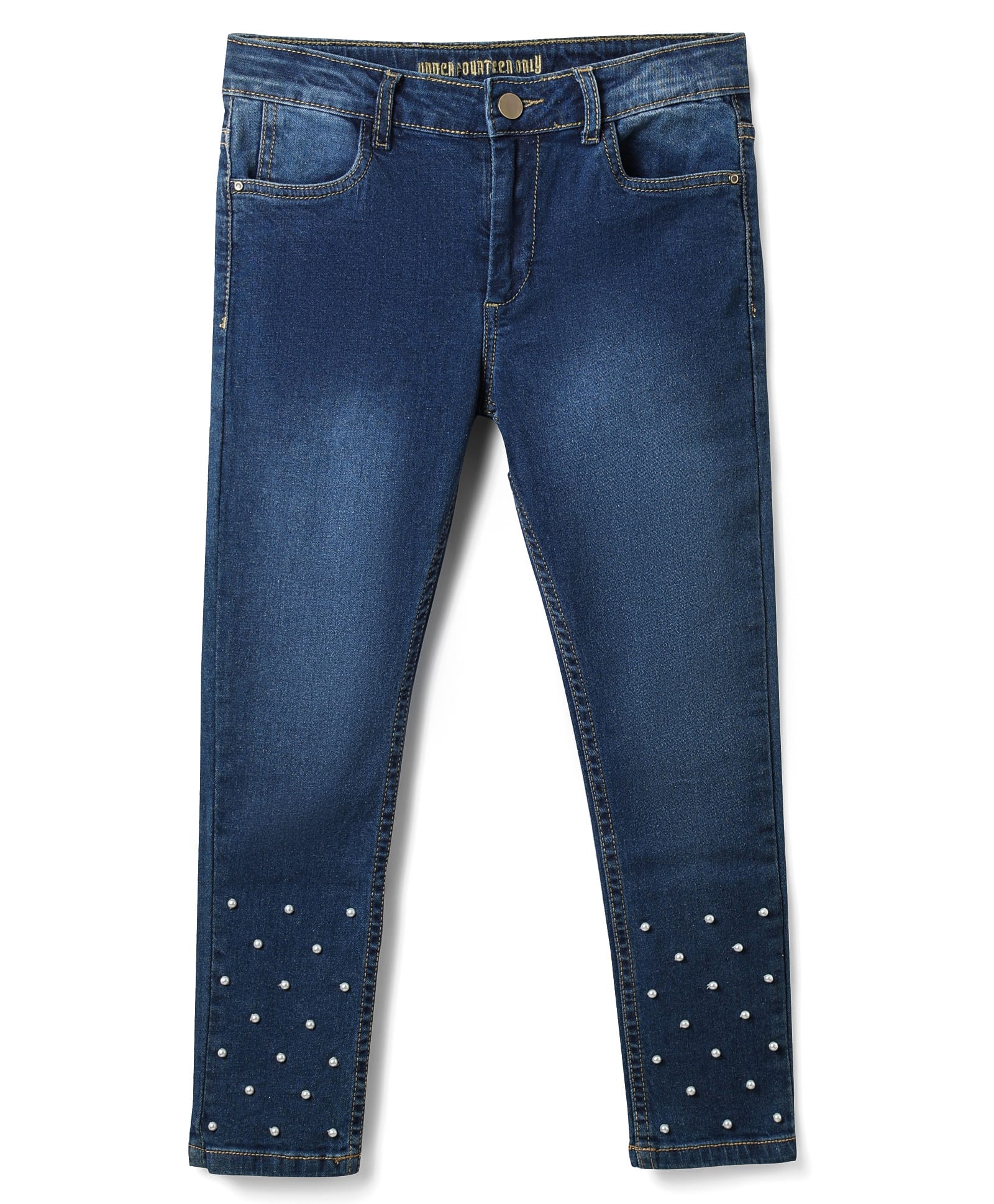 Under Fourteen Only Mild Washed & Pearls Embellished Jeans - Navy Blue-picture-28