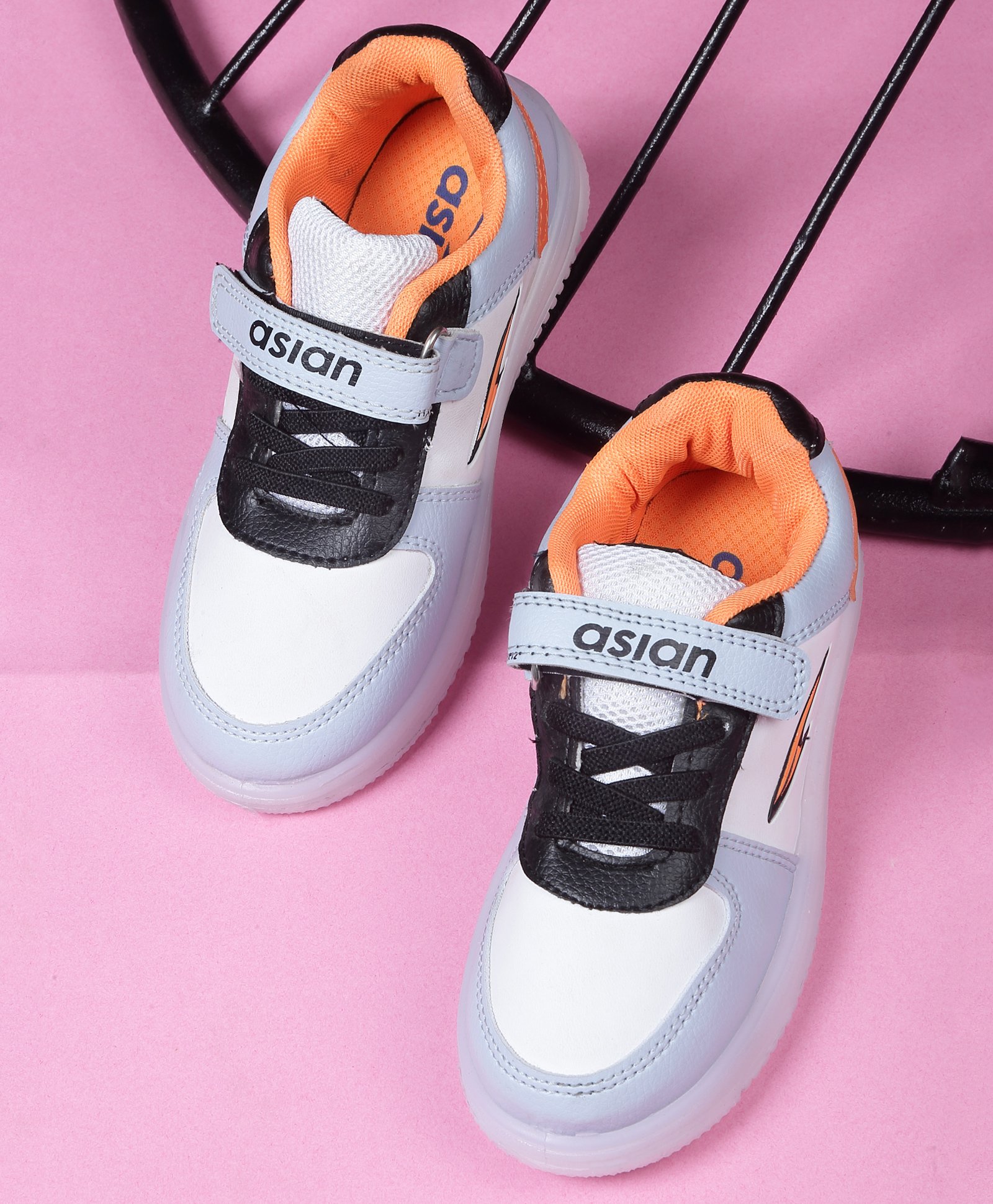 Asian Abstract Designed & Colour Blocked LED Sneaker Shoes With Velcro Closure - White Sky Blue & Orange-image-44