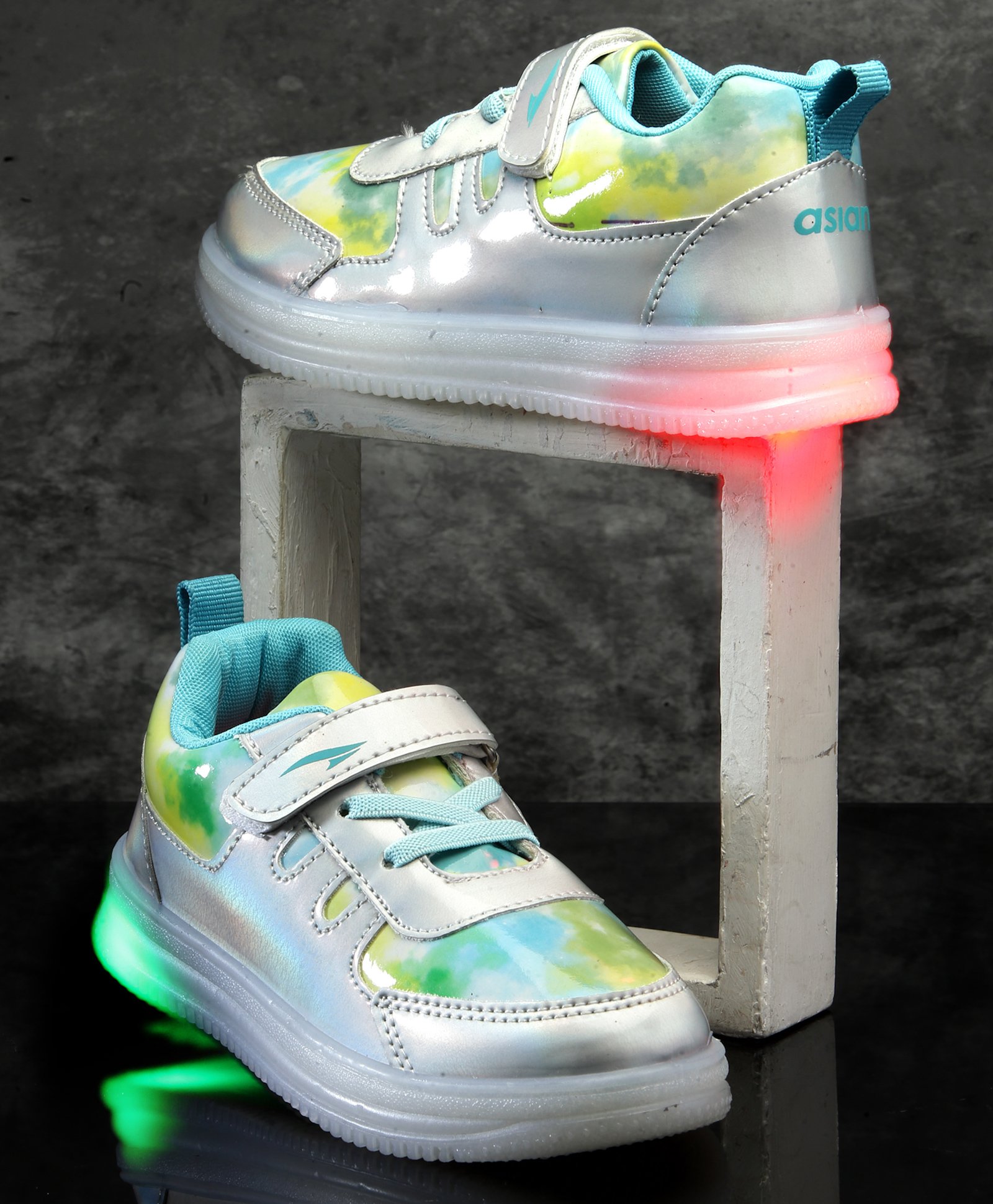 Asian Tie Die Designed LED Sneaker Shoes With Velcro Closure - Silver & Green-picture-4