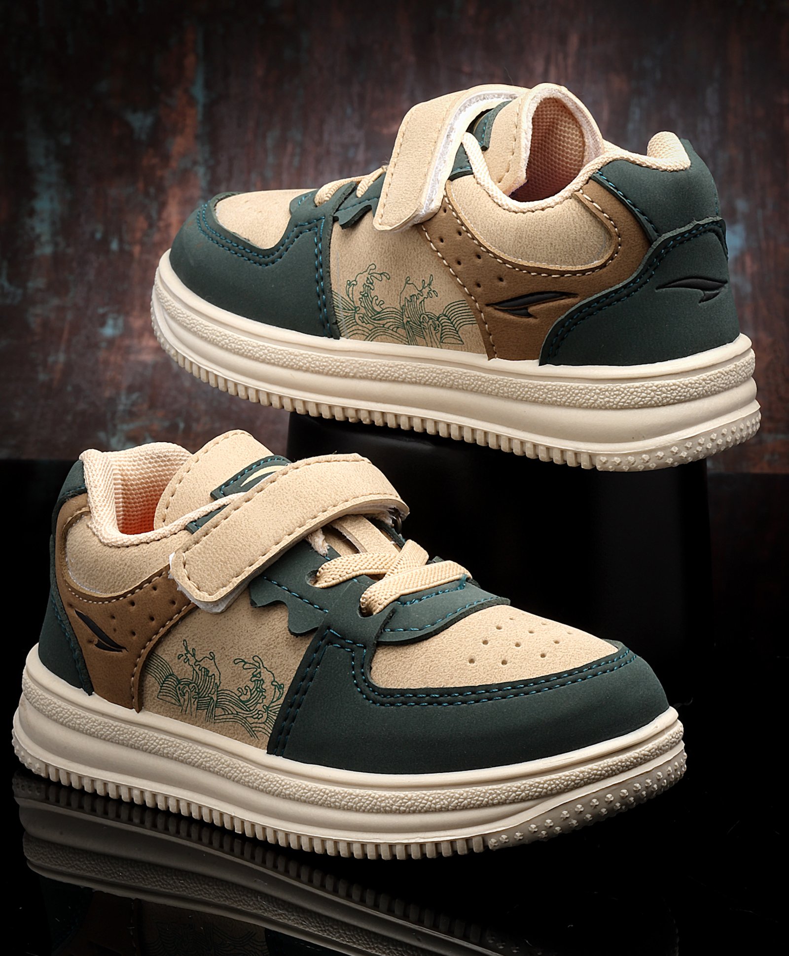 Asian Abstract Designed Velcro Closure Sneakers - Beige & Leaf Green