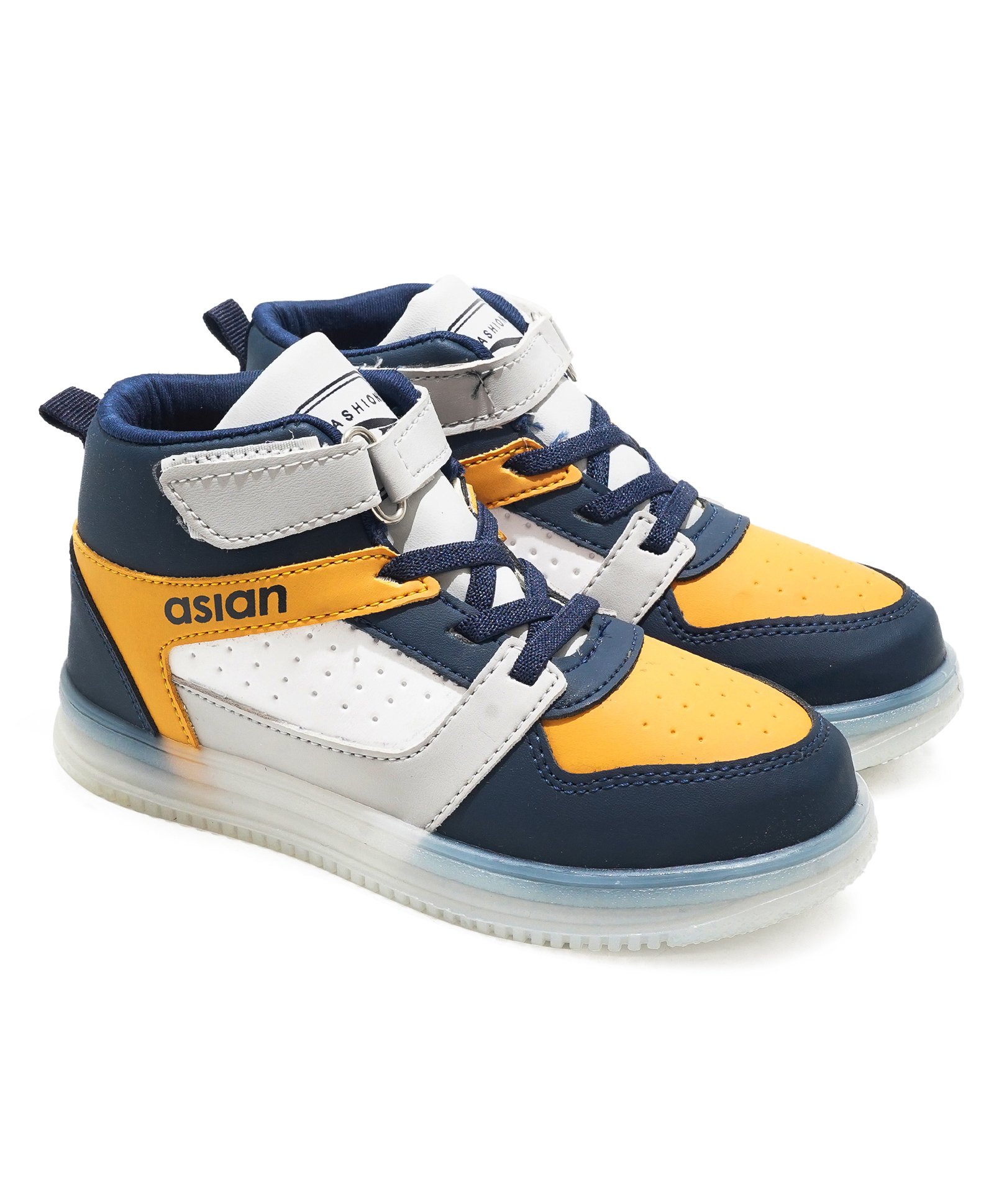 Asian Colour Blocked Velcro Closure High Neck Sneakers - Navy Blue & Mustard-image-26