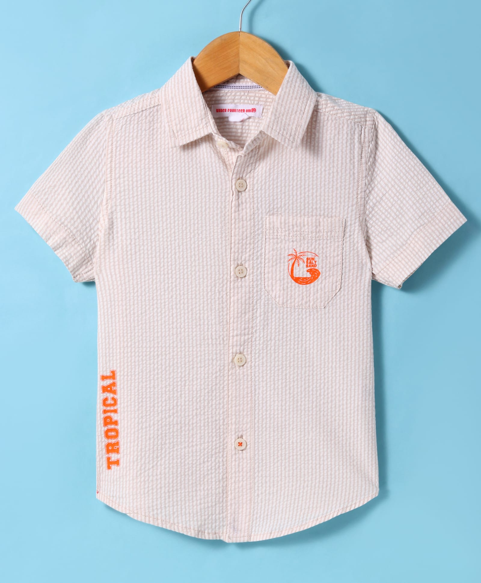 Under Fourteen Only Cotton Half Sleeves Striped & Beach Theme Printed Shirt - Beige-picture-13