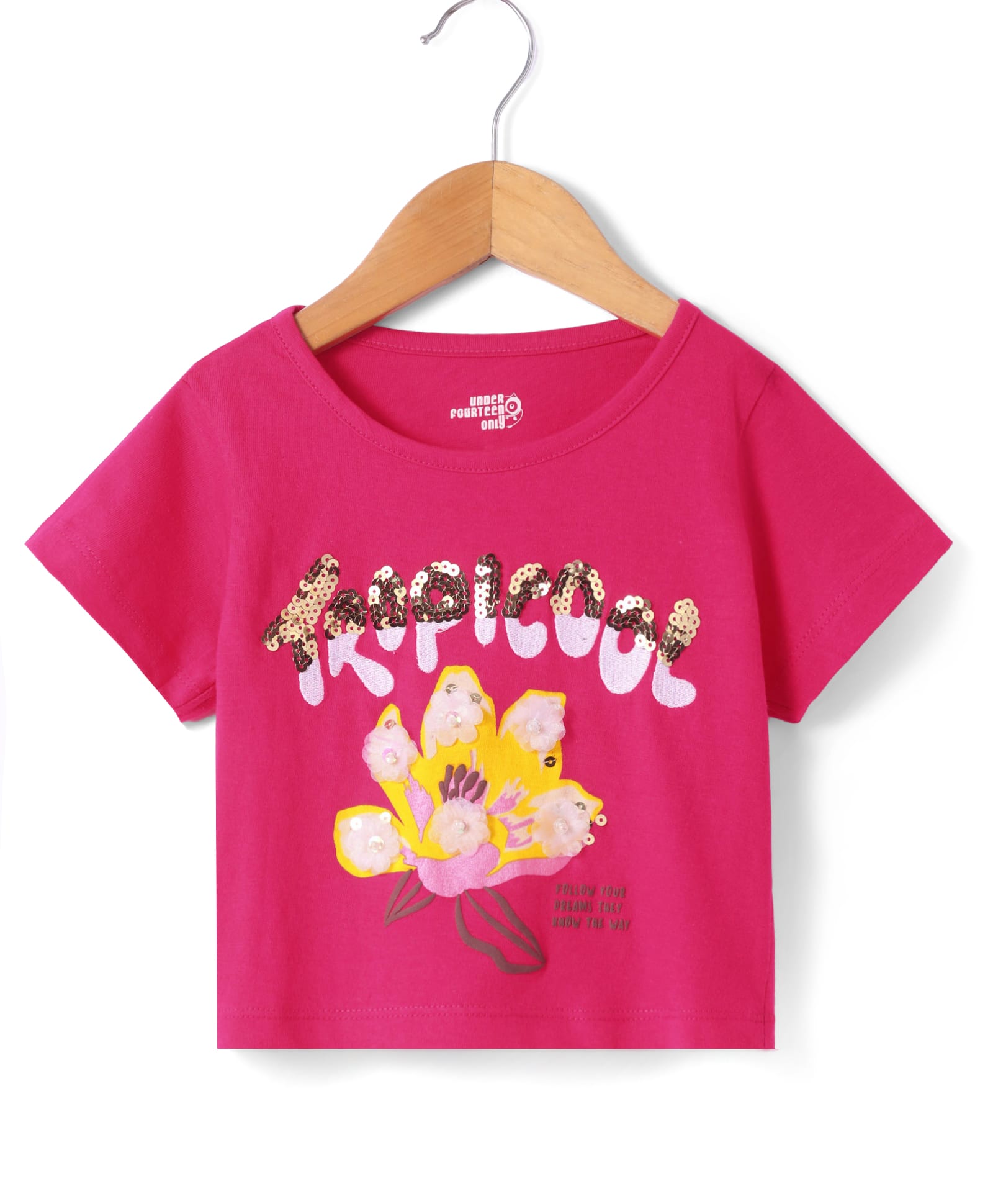 Under Fourteen Only Cotton Half Sleeves Sequin Typography Embellished Top - Pink-image-9