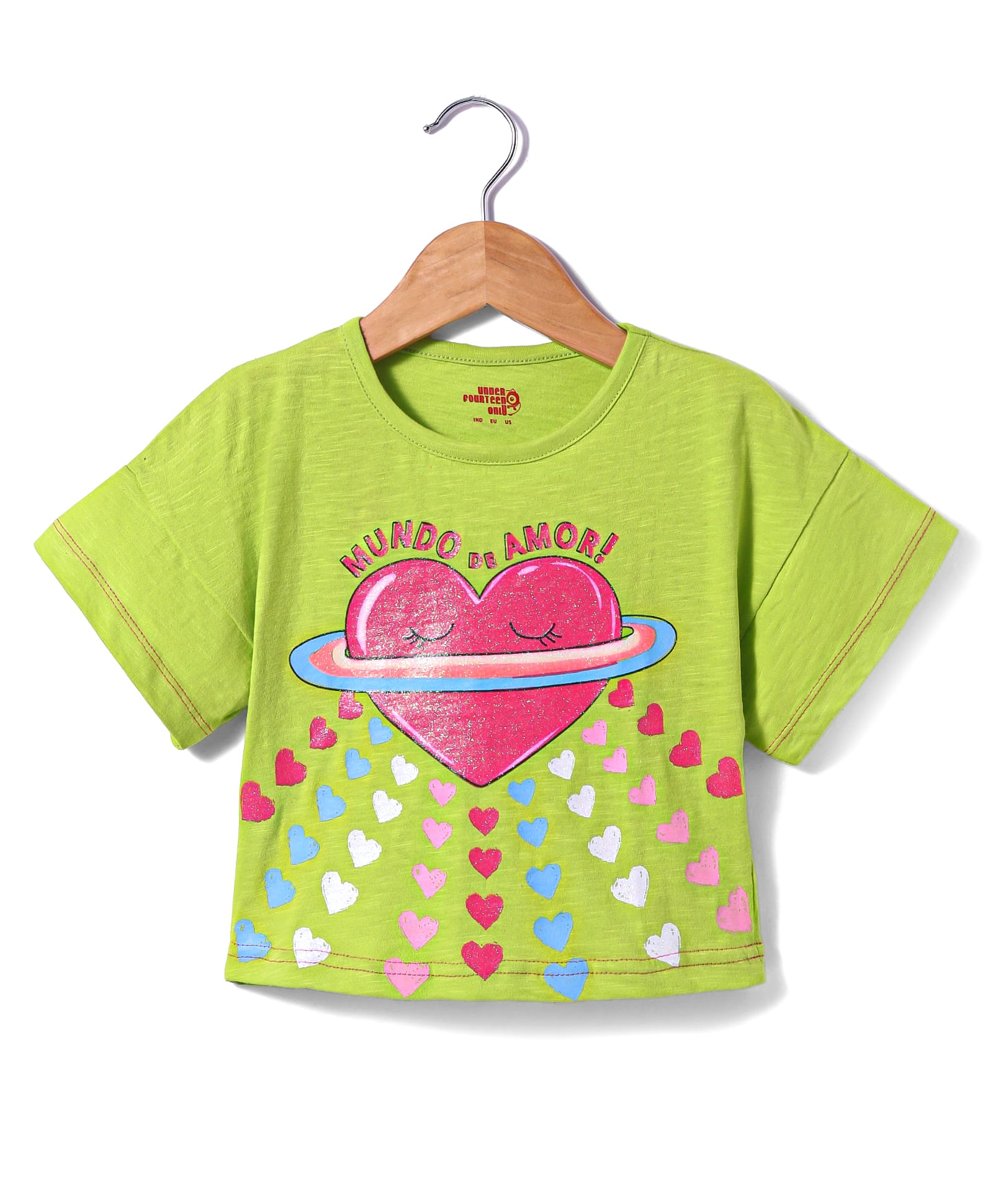 Under Fourteen Only Half Sleeves Hearts Printed Top - Green-picture-17