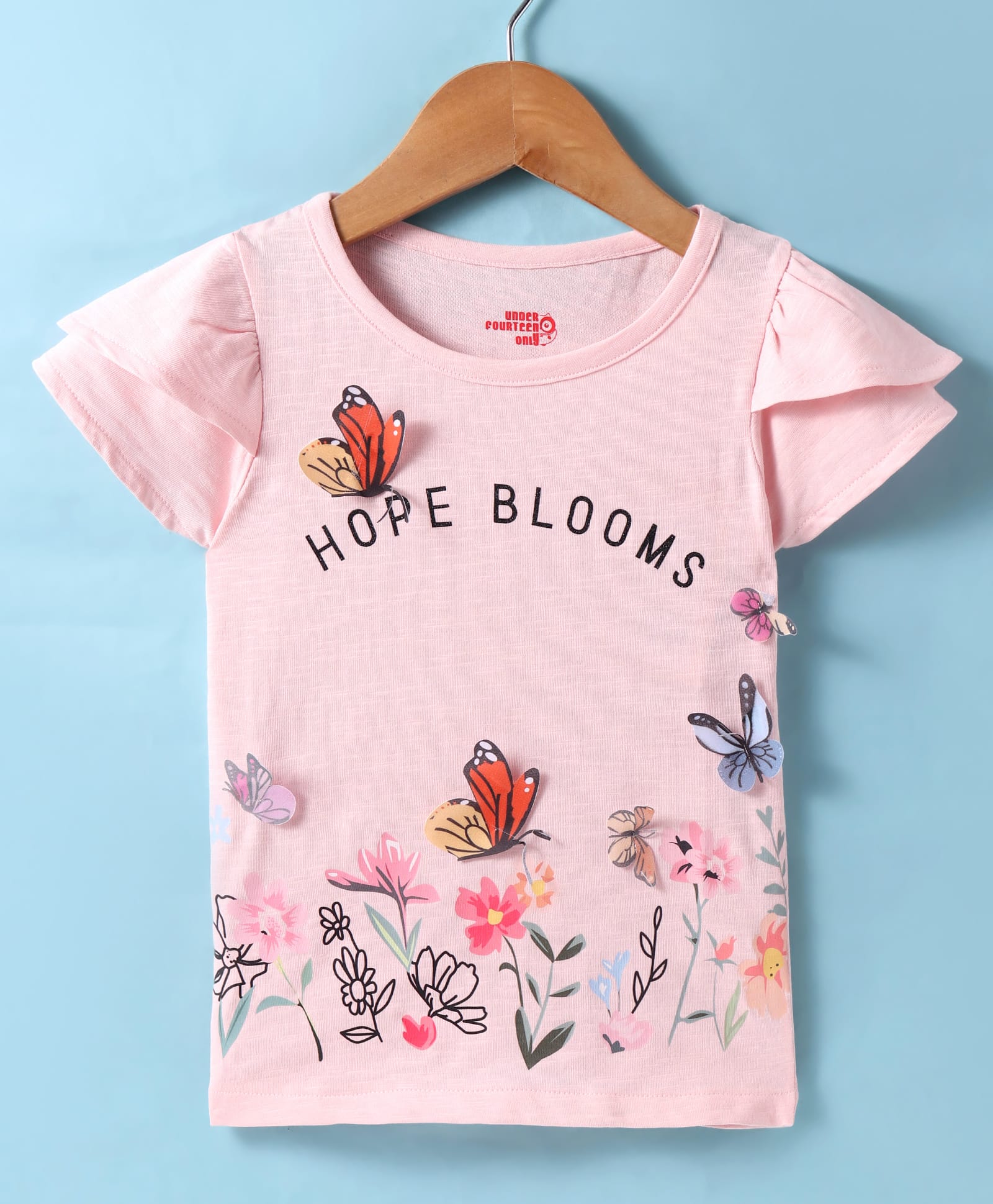Under Fourteen Only Cotton Short Sleeves Floral Printed & Butterly Applique Detailed Top - Peach-image-19