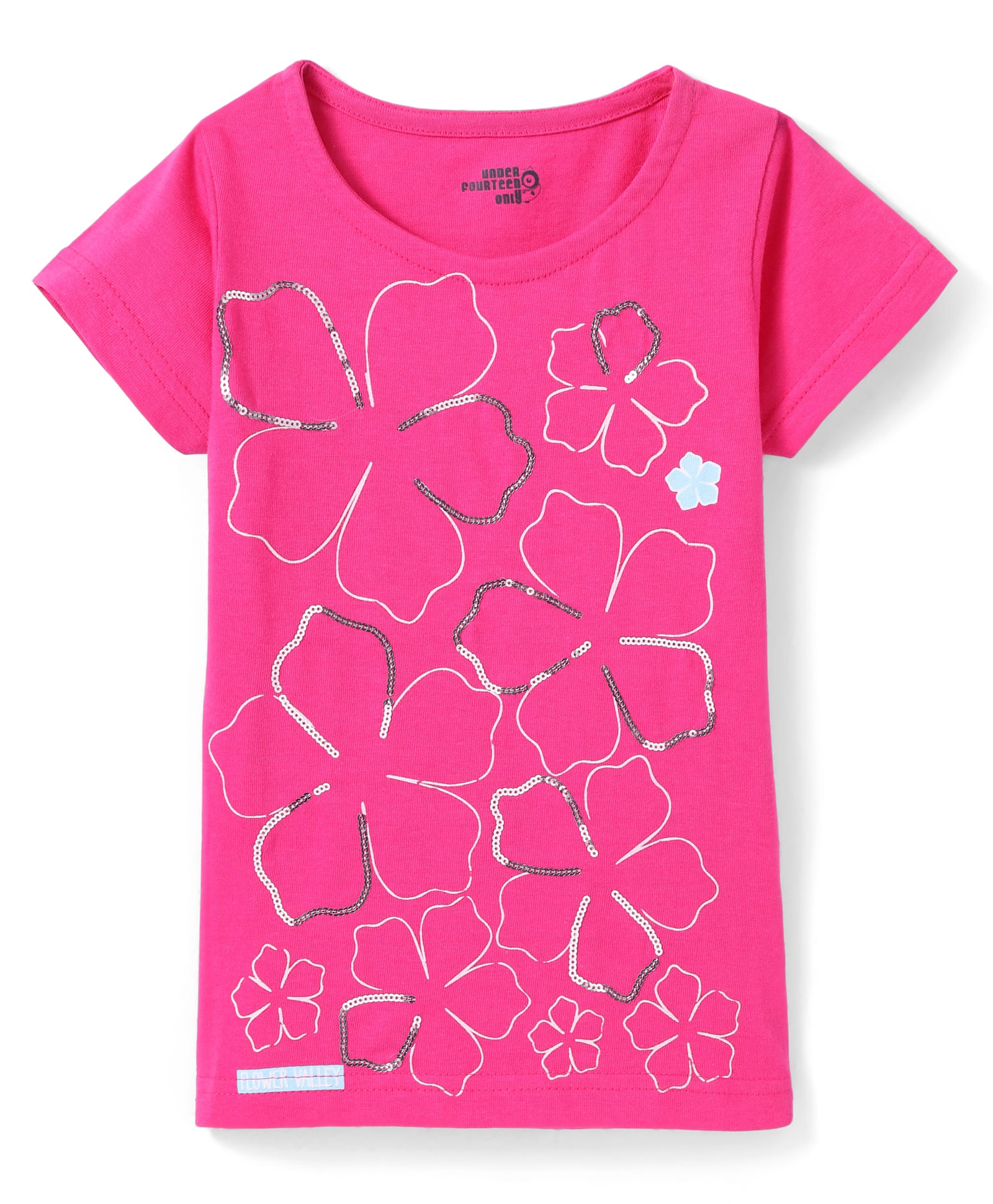 Under Fourteen Only Cotton Half Sleeves Floral Printed & Sequins Embellished Top - Pink-image-31