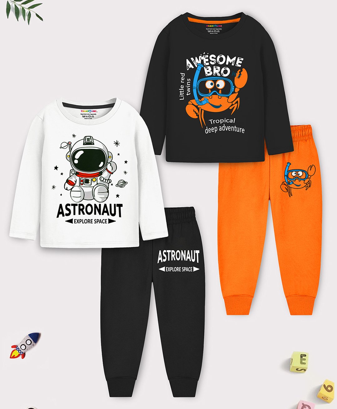Trampoline Cotton Blend Knit Pack Of 2 Full Sleeves Awesome Bro Text & Space Theme Printed Night Suits Set - Multi Colour-image-25