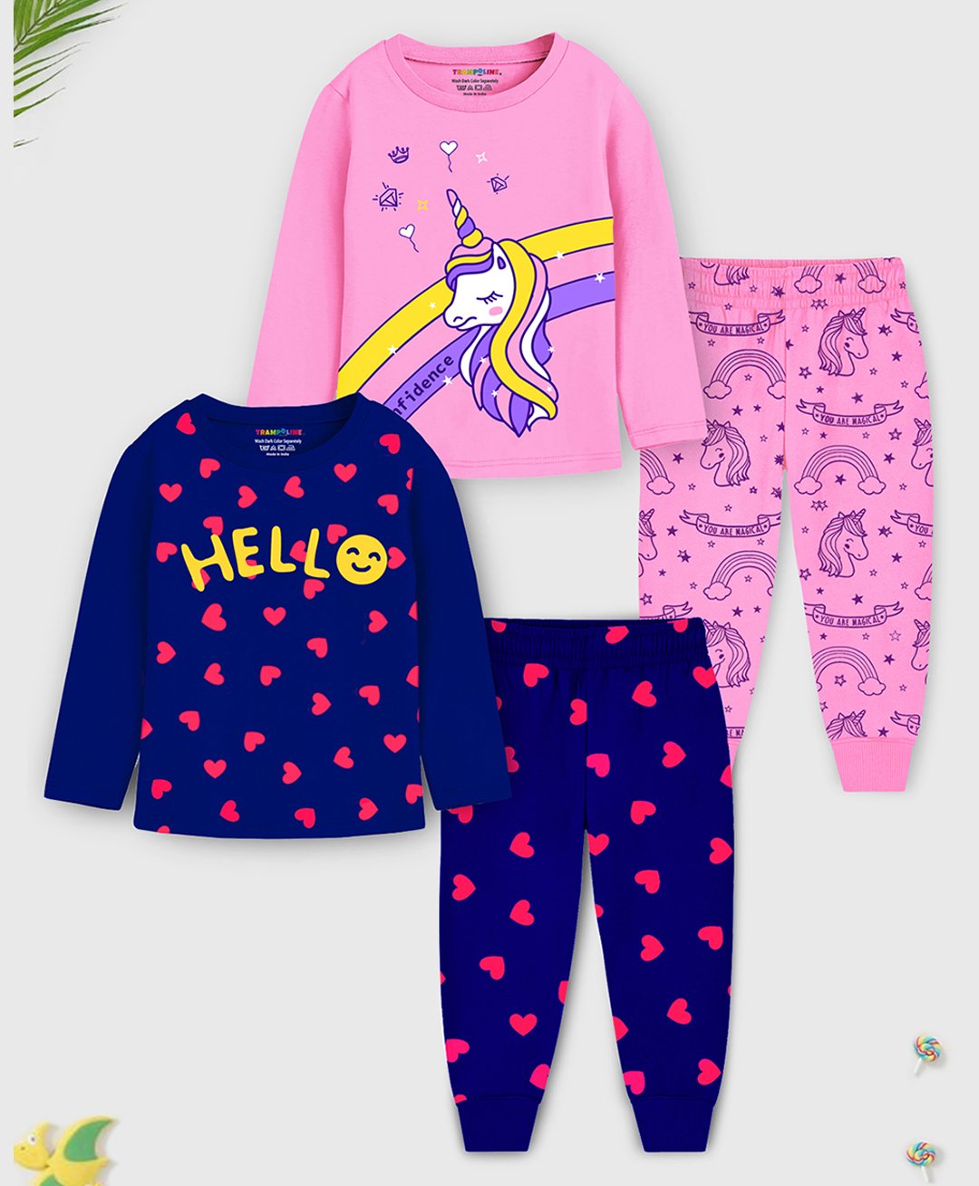 Trampoline Cotton Blend Knit Pack Of 2 Full Sleeves Hearts & Unicorn Printed Night Suits Set - Pink & Blue-image-4