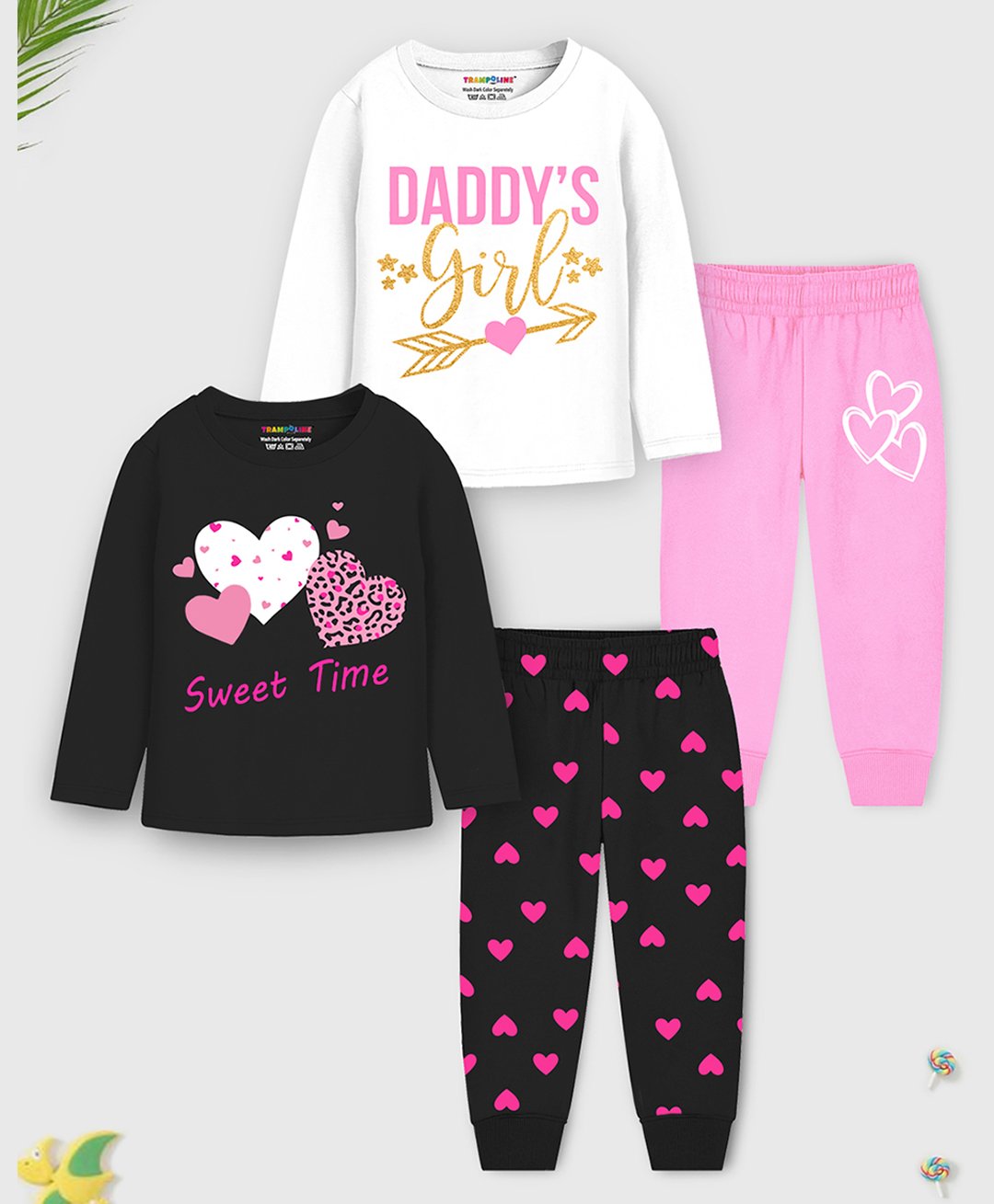 Trampoline Cotton Blend Knit Pack Of 2 Full Sleeves Daddys Girl Text & Hearts Printed Night Suits Set - Pink & Black-image-47
