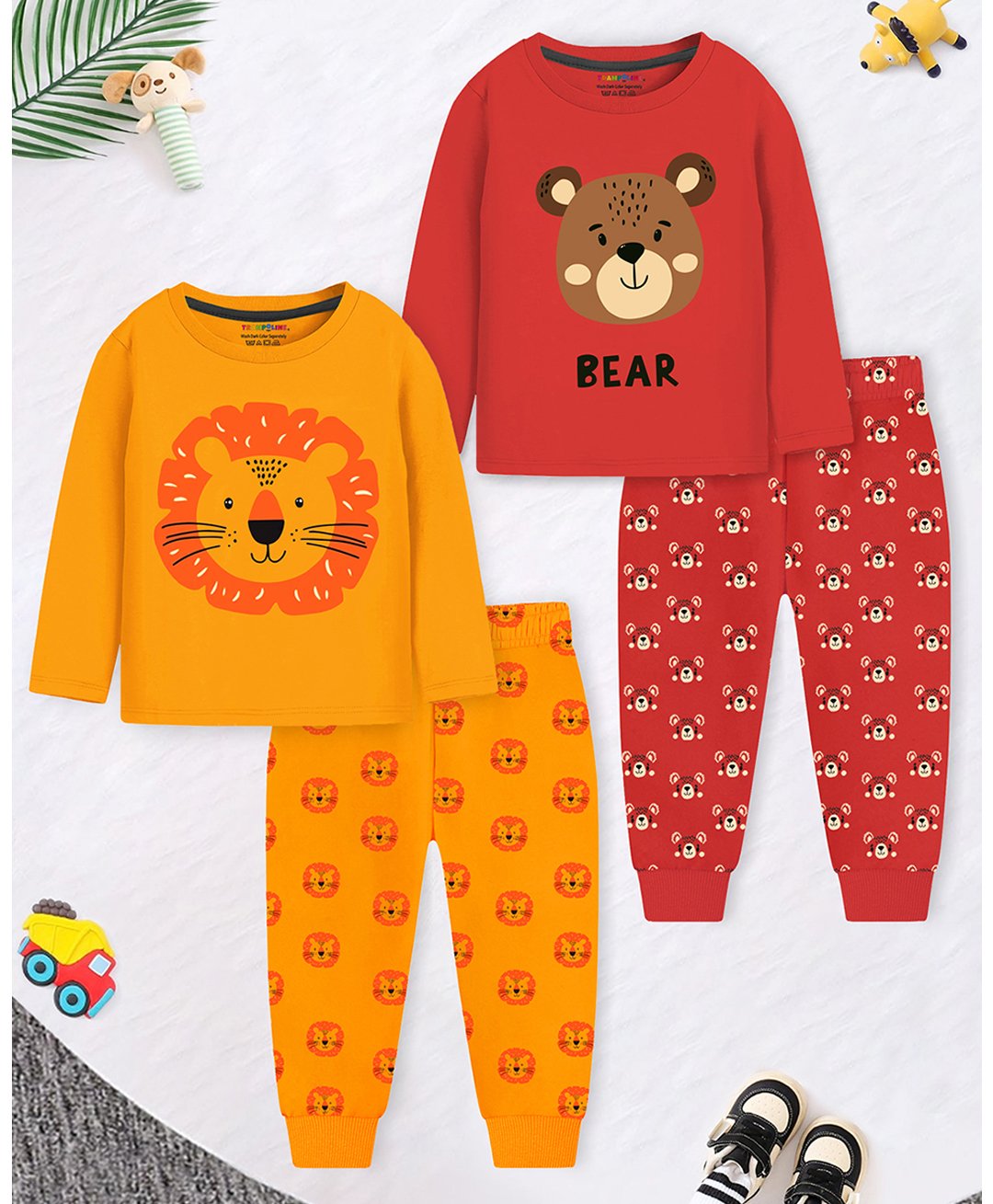 Trampoline Cotton Blend Knit Pack Of 2 Full Sleeves Lion & Bear Printed Night Suits Set - Multi Colour-image-15