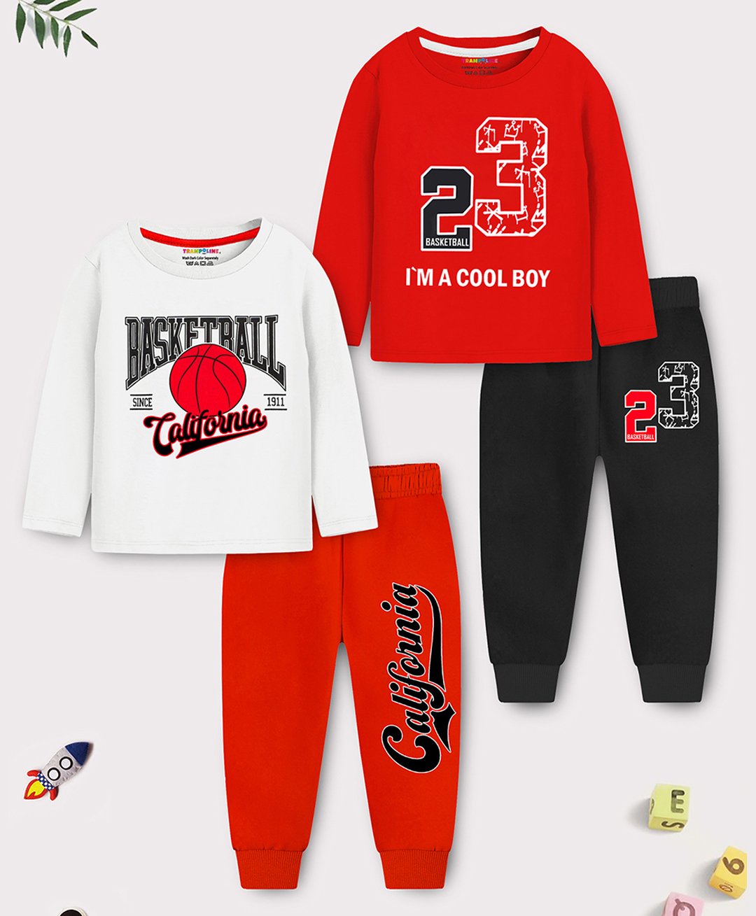 Trampoline Cotton Blend Knit Pack Of 2 Full Sleeves Basketball & 23 Printed Night Suits Set - Multi Colour-image-48