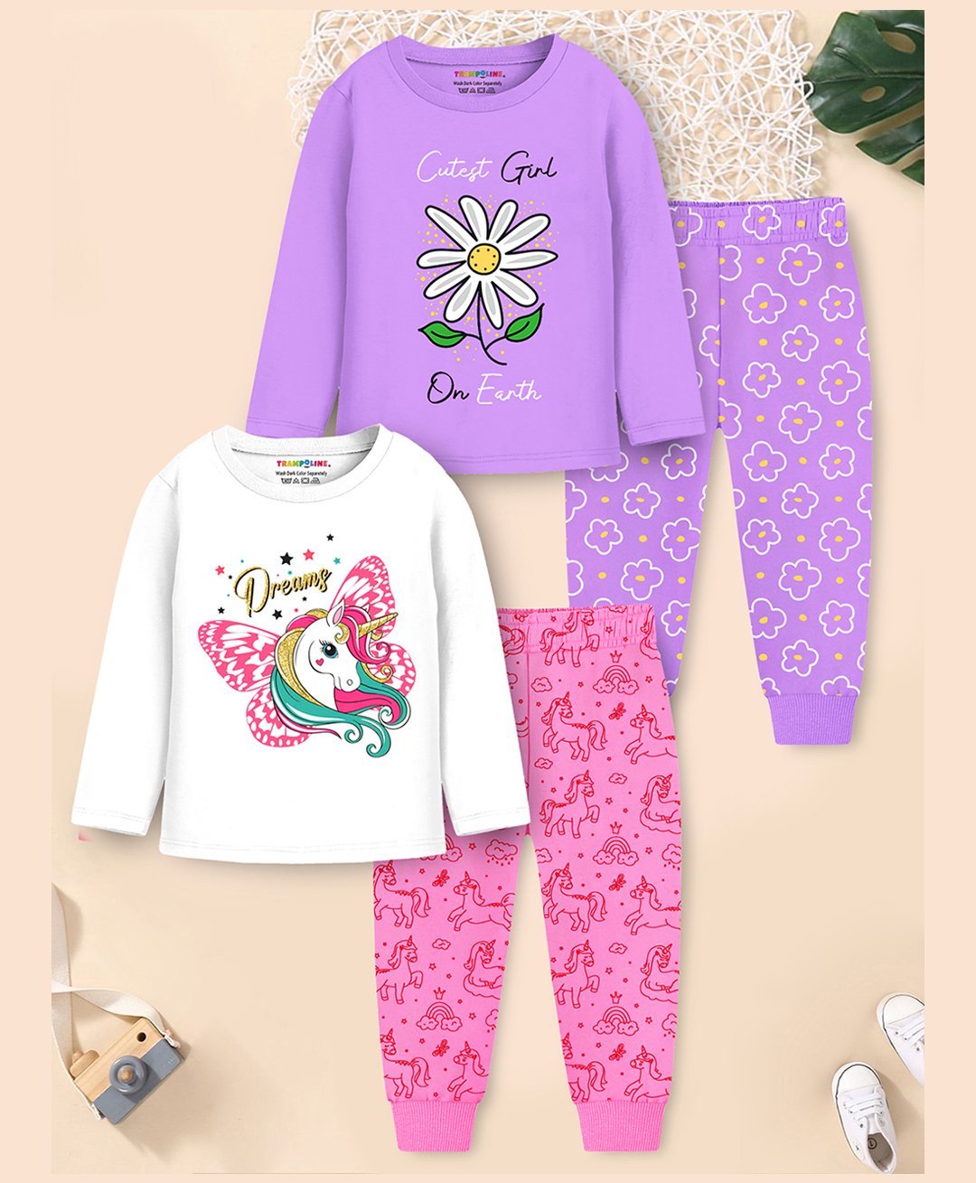 Trampoline Cotton Blend Knit Pack Of 2 Full Sleeves Unicorn & Floral Printed Night Suit Set - Multi Colour-image-35