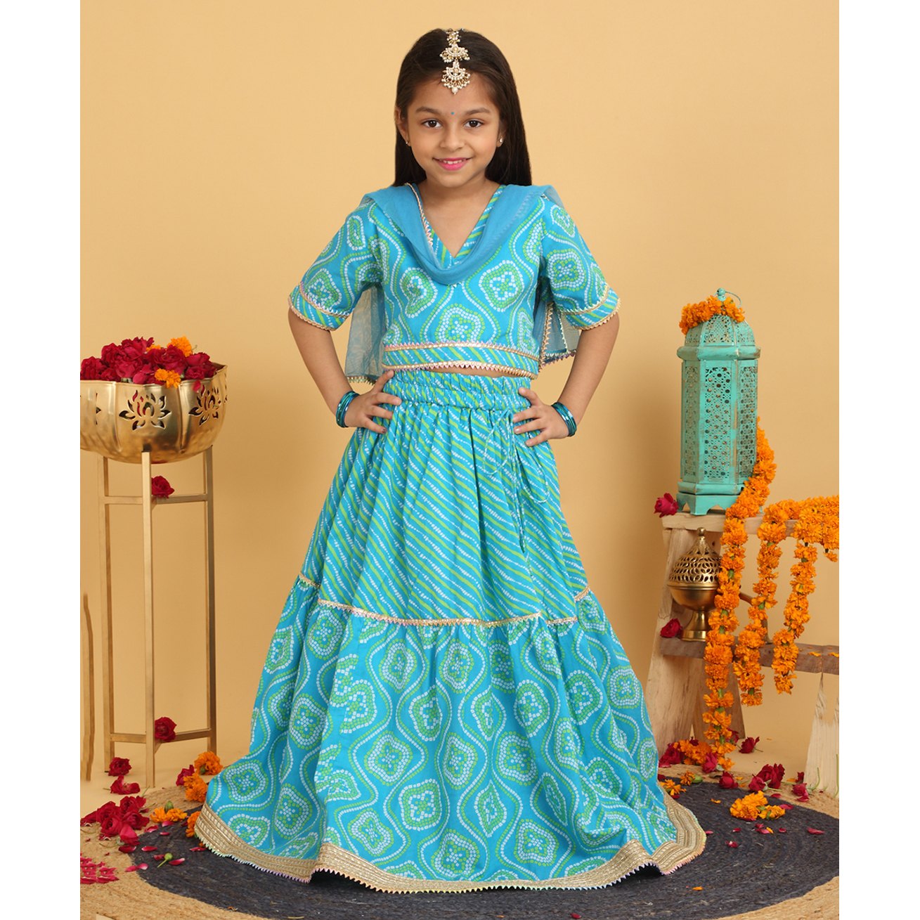 Trampoline Cotton Half Sleeves Floral Bandhani Printed Lace Embellished Lehenga Choli With Dupatta Set - Sky Blue-image-14