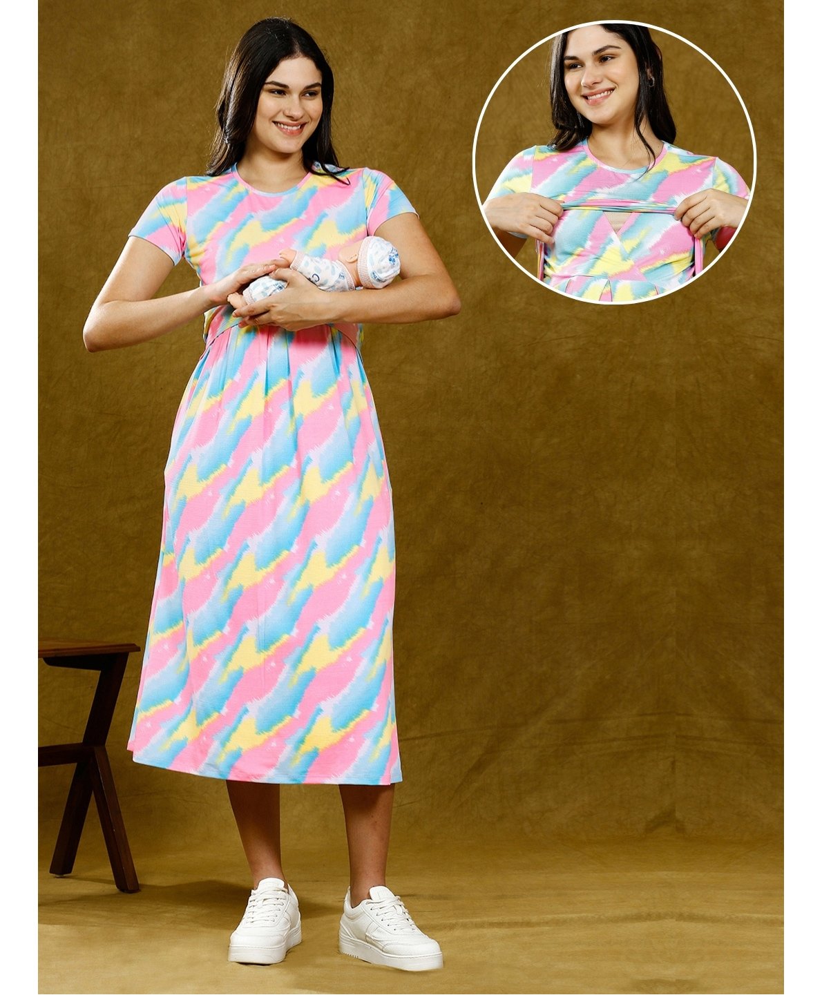 True Shape Embosis Hoseiry Half Sleeves Abstract Printed Maternity Dress With Zipless Nursing Access - Pink-image-37