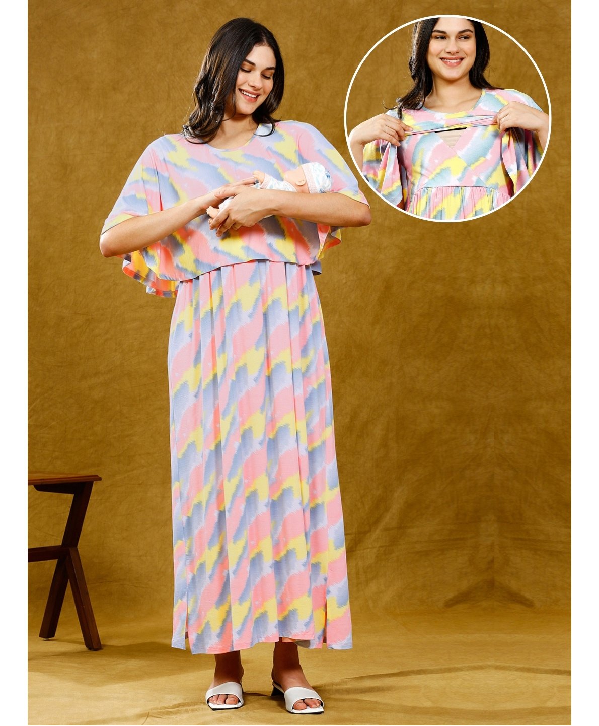 True Shape Embosis Hoisery Half Cape Sleeves Abstract Printed Maternity Dress With Nursing Access - Grey