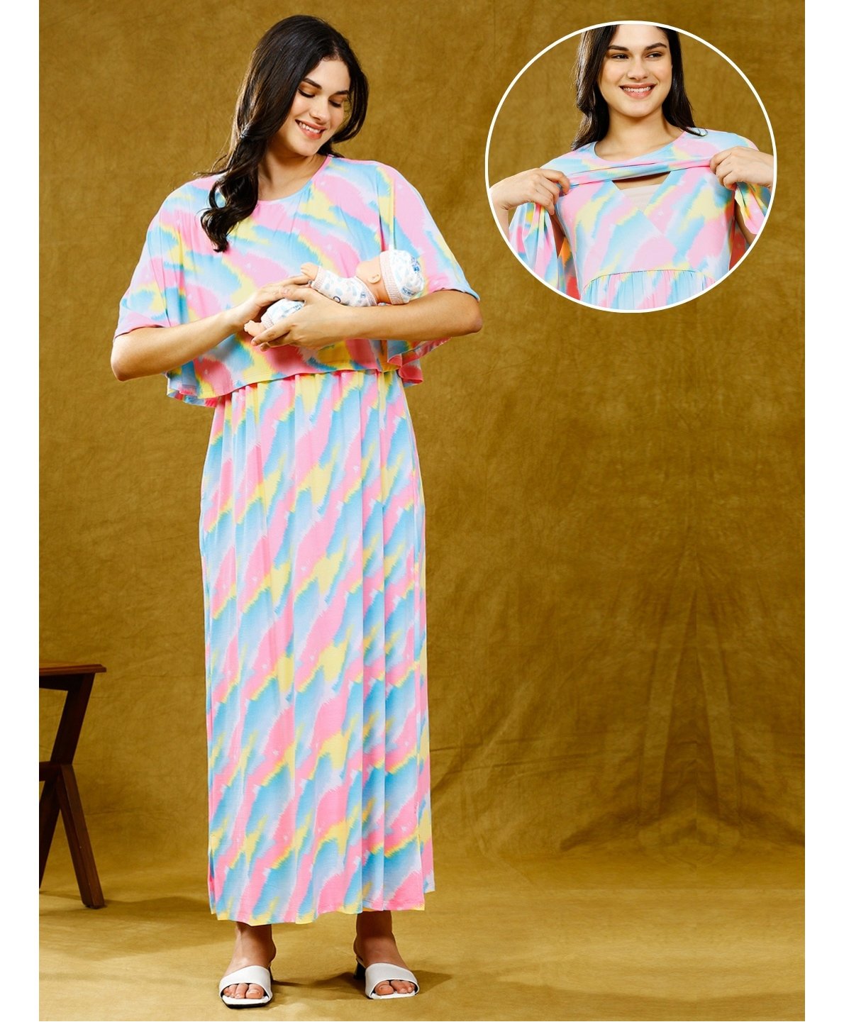 True Shape Embosis Hoisery Half Cape Sleeves Abstract Printed Maternity Poncho Gown With Nursing Access - Pink-picture-19