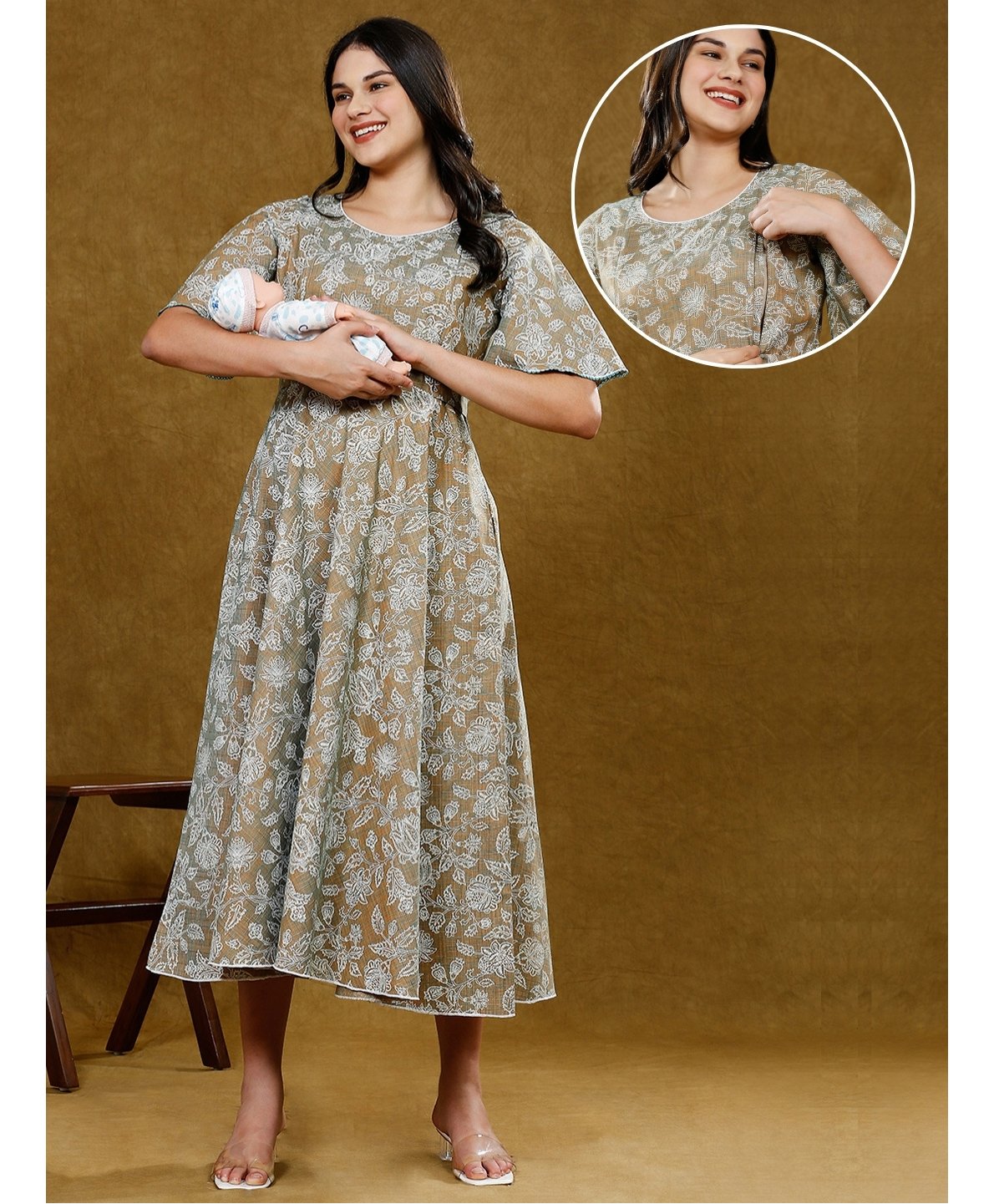 Dummy Shape Half Bell Sleeves Floral Printed Maternity Kurta With Nursing Access - Olive Green-image-20