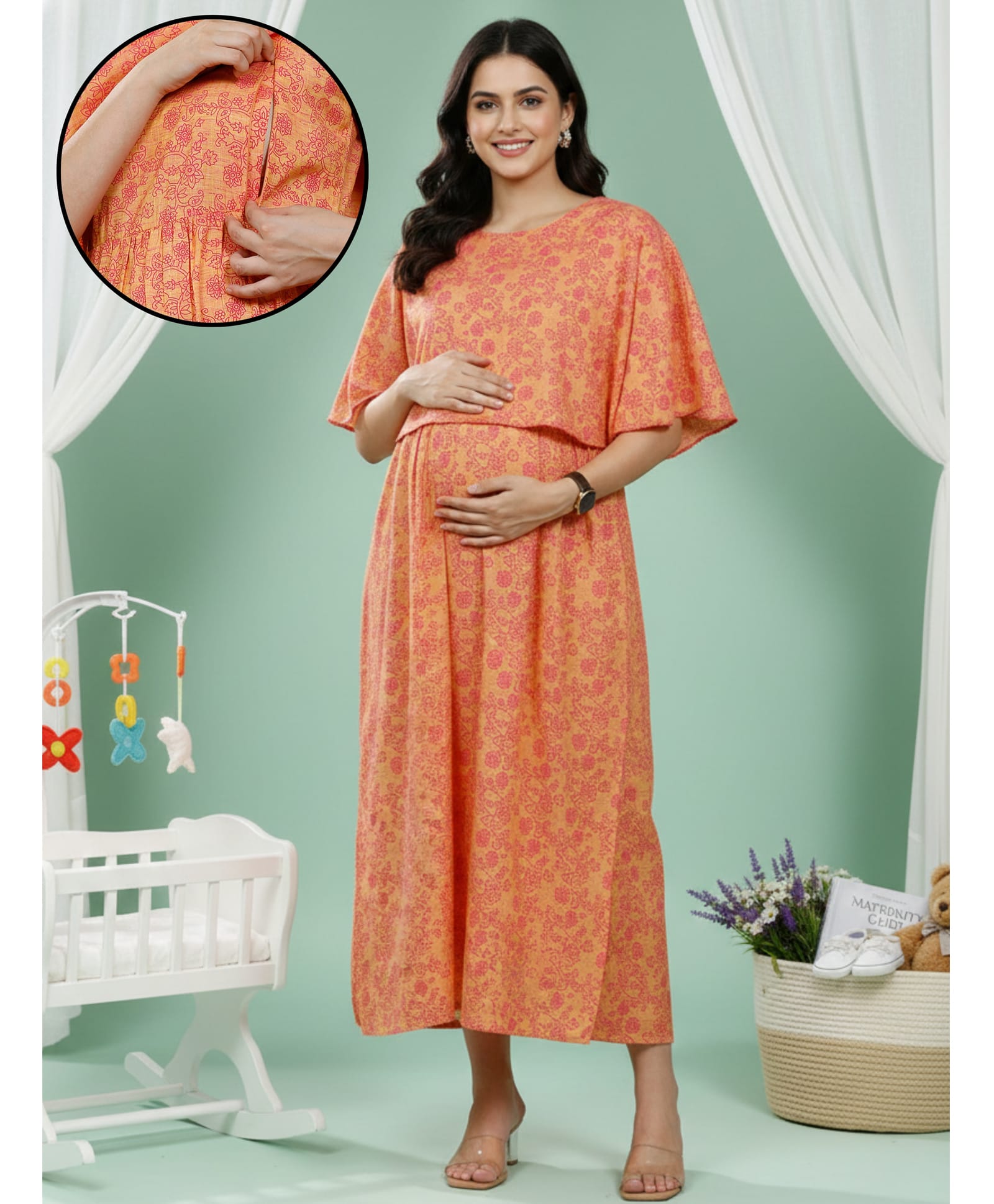 Dummy Shape Half Cape Sleeves Floral Printed Maternity Poncho Night Gown With Zipper Nursing Access - Orange-image-2